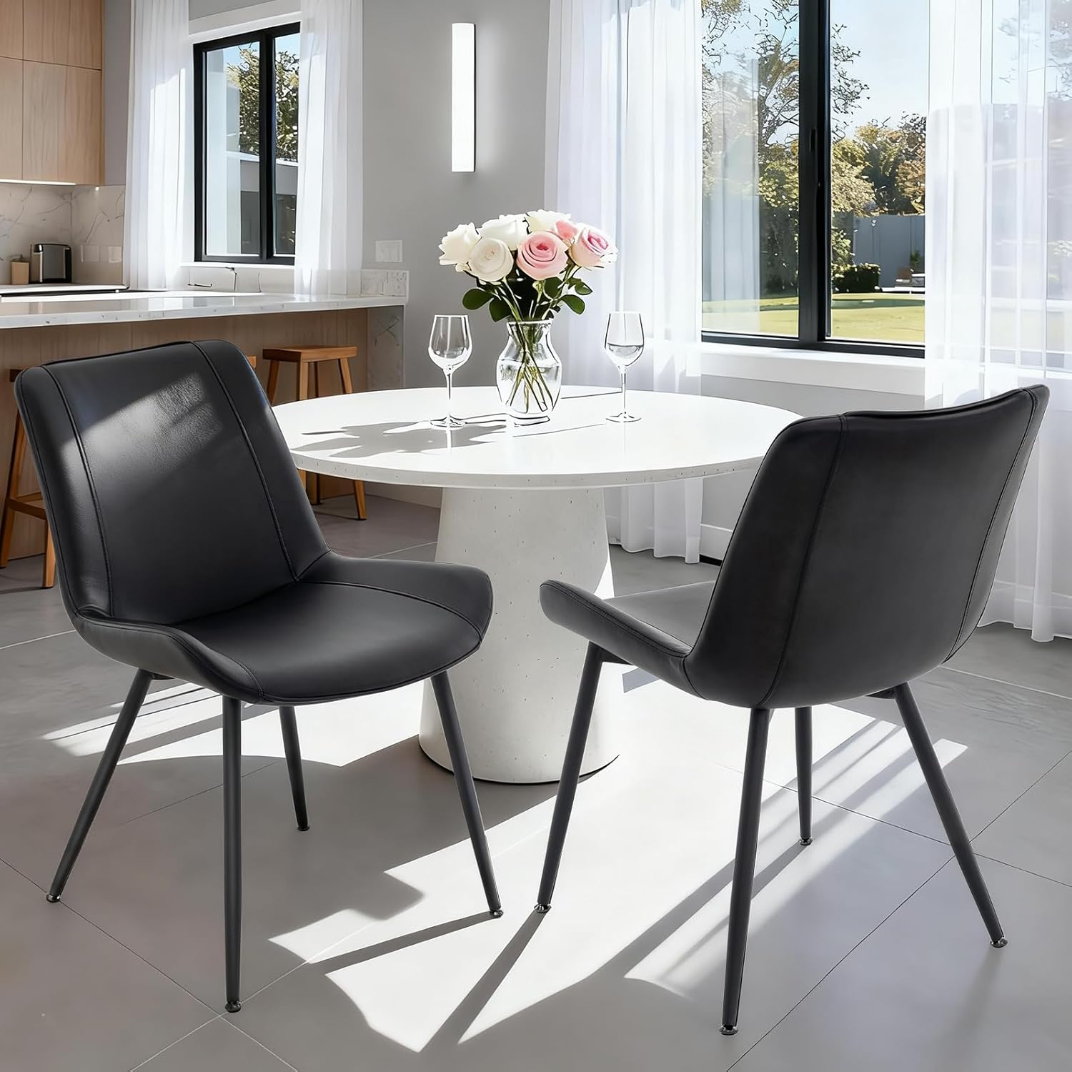Brage Living Dining Chairs Set of 2, PU Leather Modern Armless Kitchen Dining Room Chairs, Upholstered Accent Side Chairs with Metal Legs (Black) - Image 2