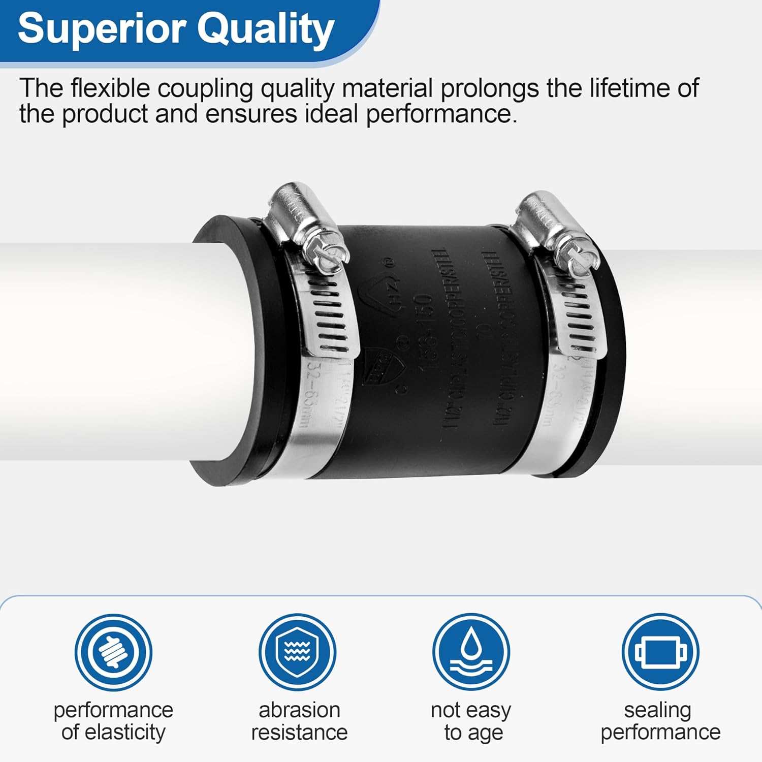 Flexible PVC Pipe Coupling Connector Replacement, for 1-1/2" Nominal Pipes, 1.9" ID Flexible PVC Condensate Pipe Coupling with Stainless Steel Hose Clamps, Schedule 40 Pipes Connector - Image 4