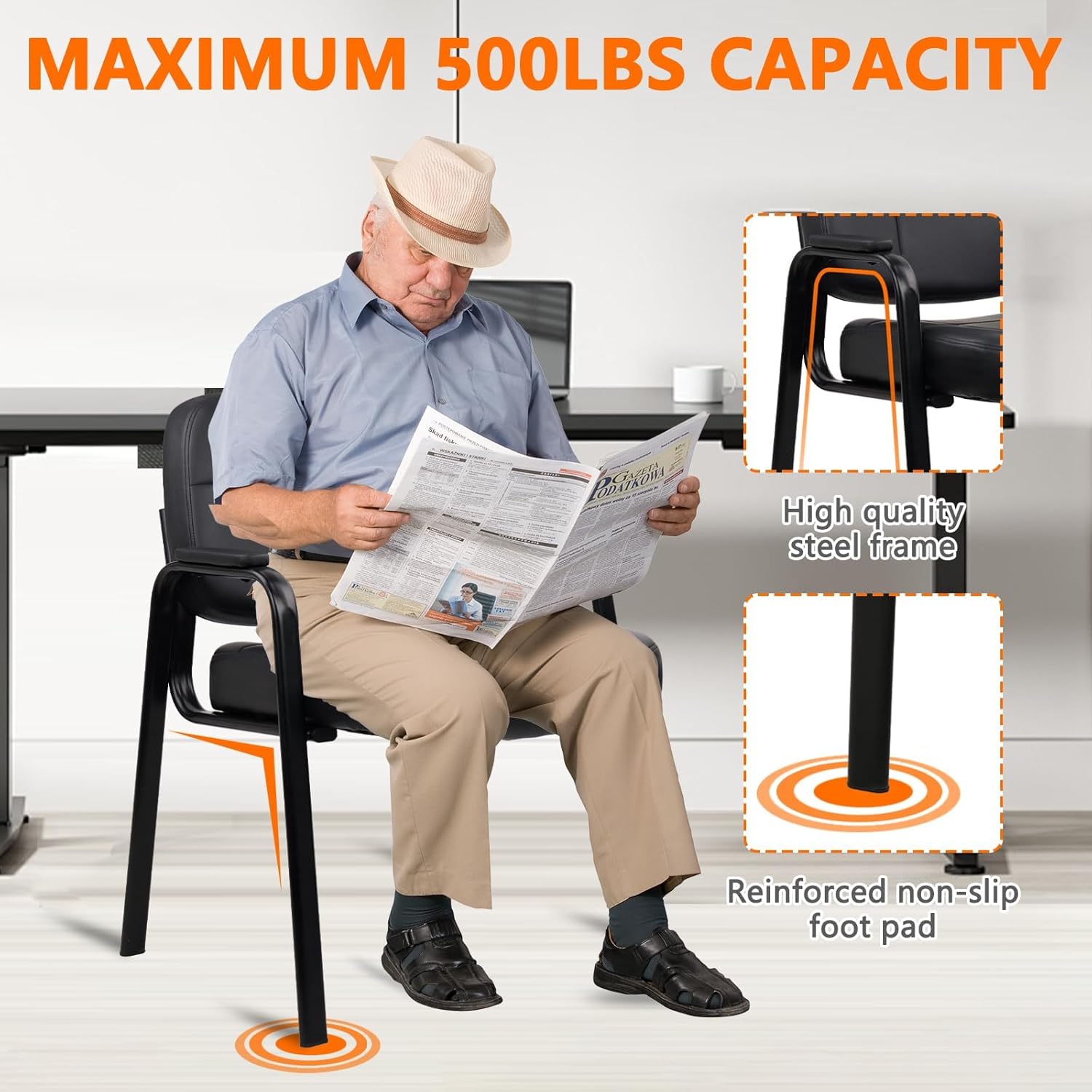 CLATINA Big & Tall 500 lbs Waiting Room Guest Chair, Leather Office Reception Chair No Wheels with Padded Arms for Elderly Home Desk Conference Room Lobby Side Salon Clinic, Black(4 Pack) - Image 4