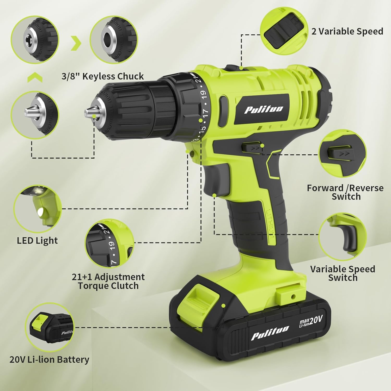 PULITUO'S 20V Cordless Drill/Driver, Electric Screwdriver - 2 Batteries, 30Nm, 21+1 Torque, 2 Speed, Keyless 3/8" Chase Drill with LED Light, Kit for Home (Green) - Image 3