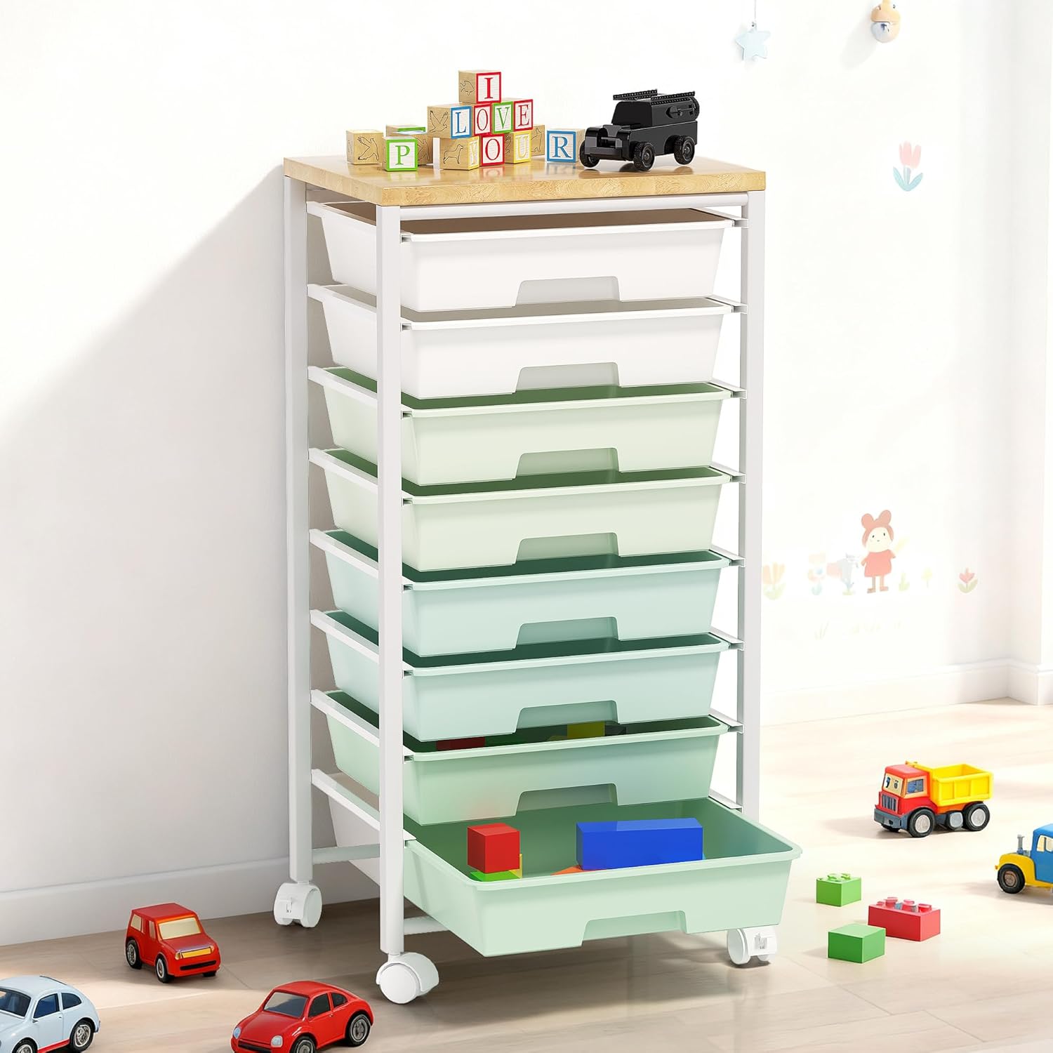 Rolling Cart with 8 Drawers, Storage Drawers Cart with Wooden Tabletop and Lockable Wheels, Craft Storage for Living Room, Office, Classroom, Craft Room, Bedroom - Image 8