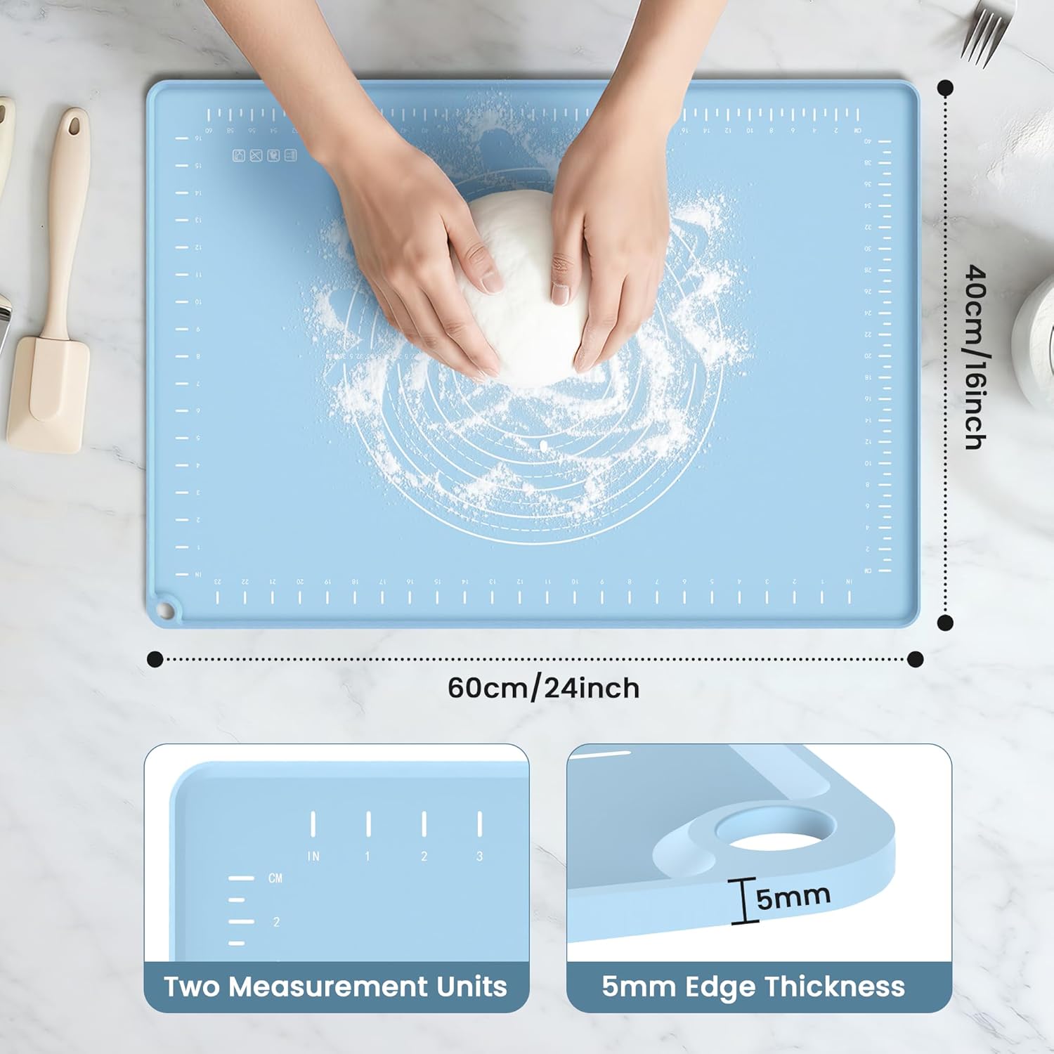 Silicone Baking Mat 24x16 Inches | Extra Thick Dough Rolling Mat with Measurements and Edge Heightening | Non-Stick Food Grade Pastry Mat for Pastry, Bread, Cookies, Pizza, Fondant & Pasta - Image 2