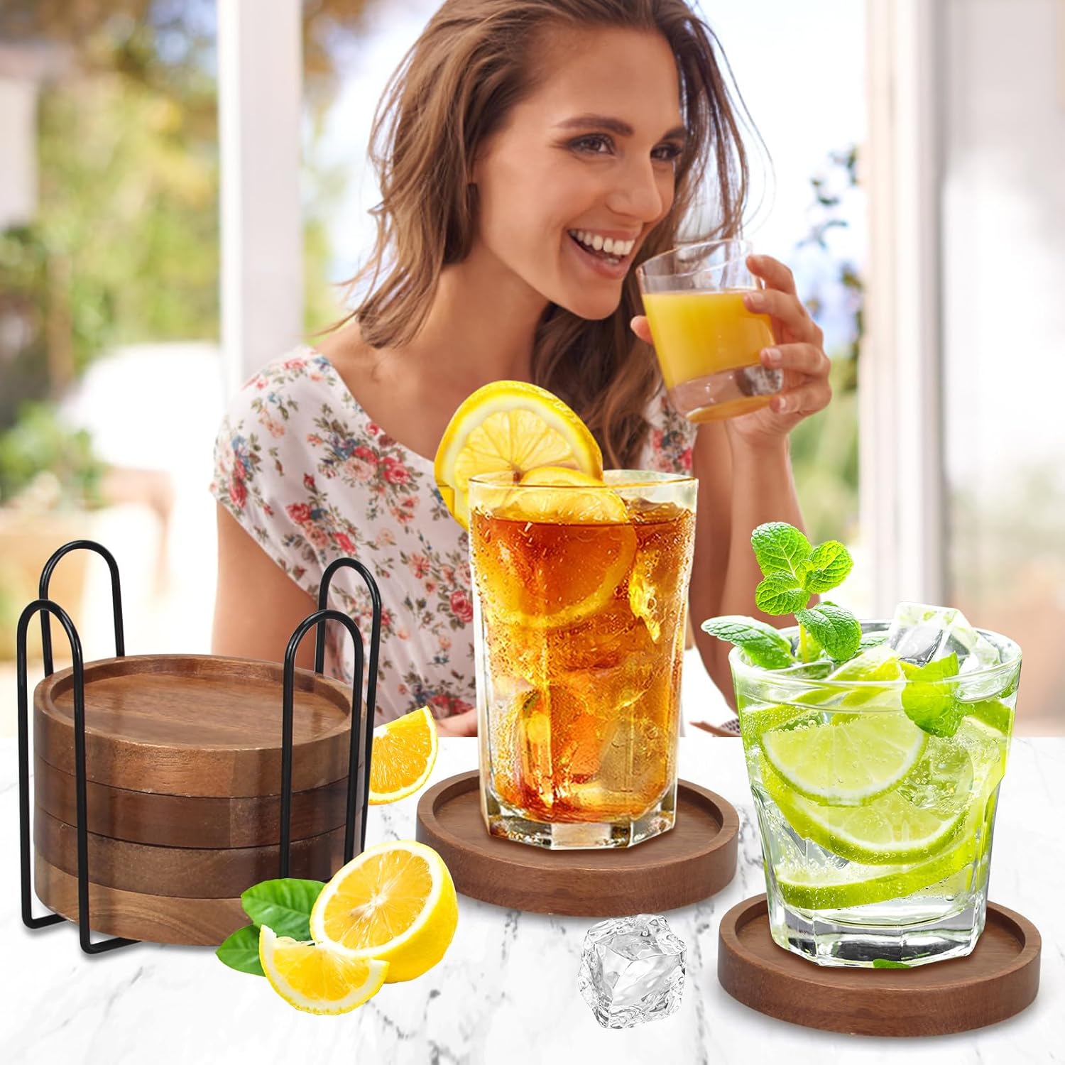 6 Pcs Best Wooden Coasters with Holder Coffee Table Decor Acacia Wood Coaster Set Modern Cup Coaster for Drink Home Dining Table Kitchen Accessories Cute Beer Bar Decorative Rustic Outdoor Coasters - Image 2