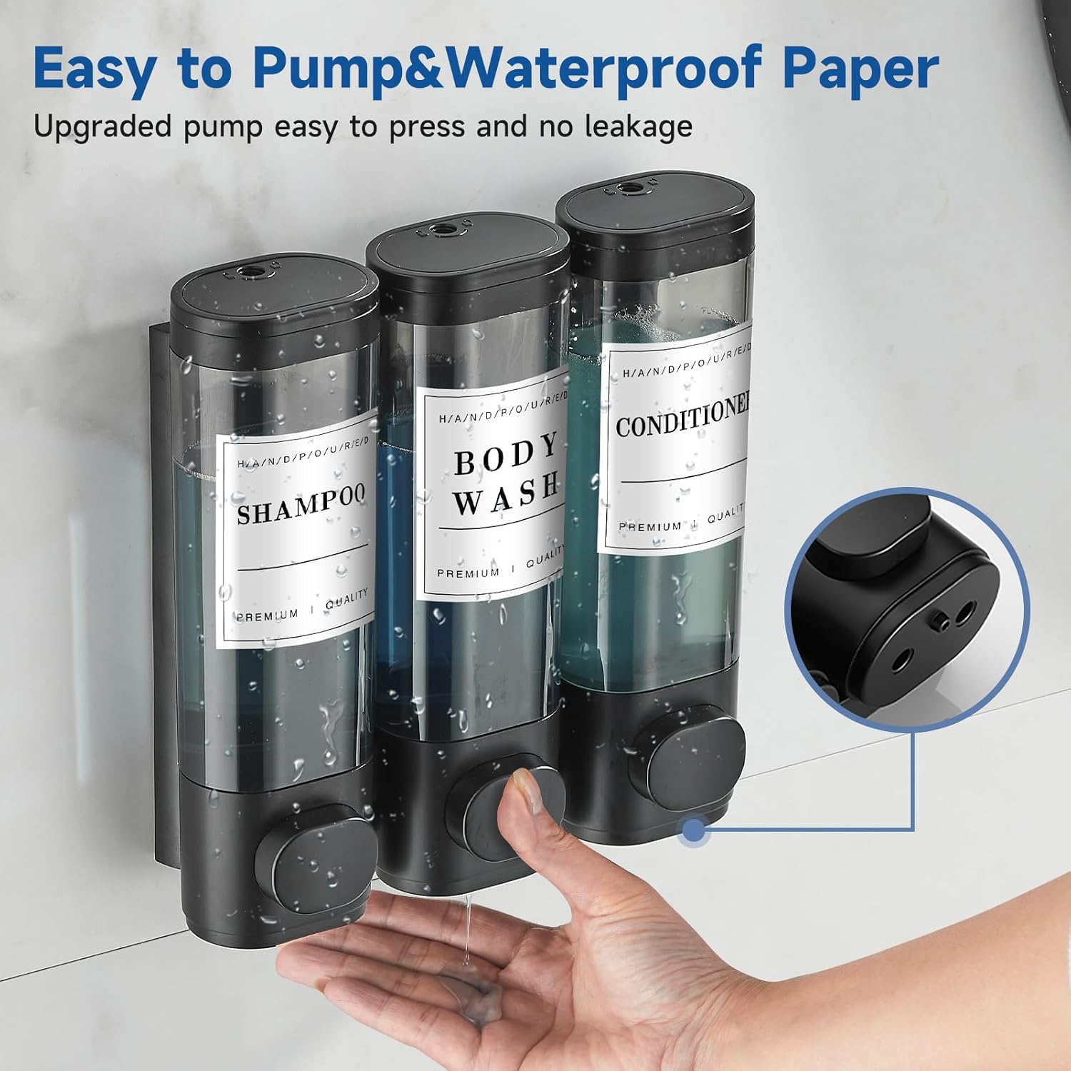 Shampoo and Conditioner Dispenser,Shower Soap Dispenser 3 Chamber No Drill Wall-Mounted Shampoo Dispenser for Shower Wall Mounted Shower Dispenser for Bathroom Hotel Large Capacity,Black - Image 3