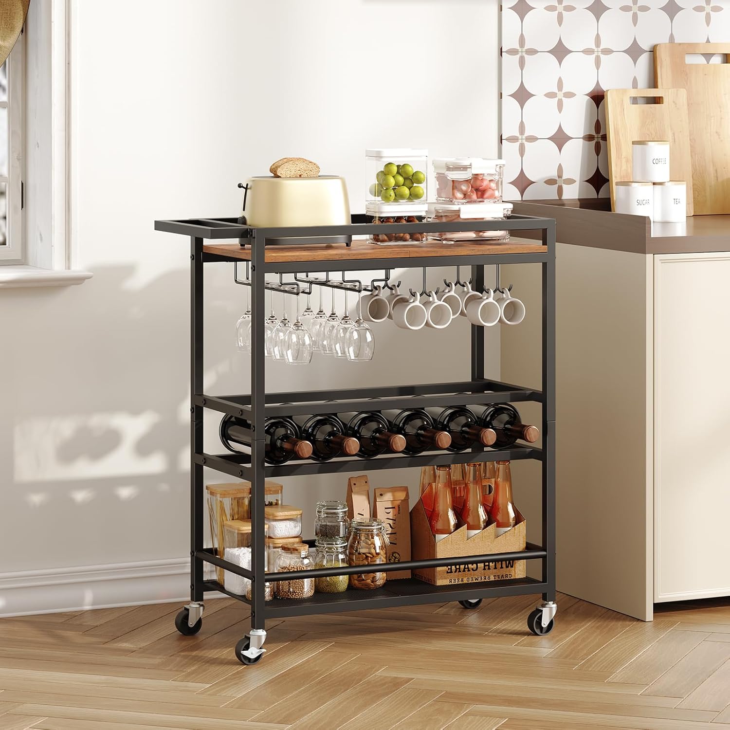 Bar Cart for Home, 3-Tier Serving Cart with Wine Rack, Rolling Wine Cart with Glass Holders, Beverage Cart, for Living Room, Dining Room, Rustic Brown and Black RCHR11801 - Image 3