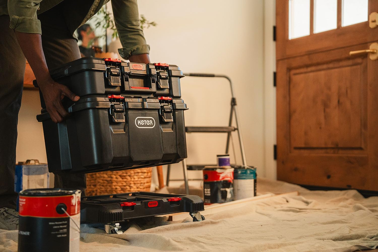 Keter Stack-n-Roll 3-Piece Rolling Tool Storage System – Includes Dolly, Tool Box & Deep Power Tool Case | Modular Mobile Tool Organizer | Stackable Design for Garage, Jobsite & Workshop - Image 3