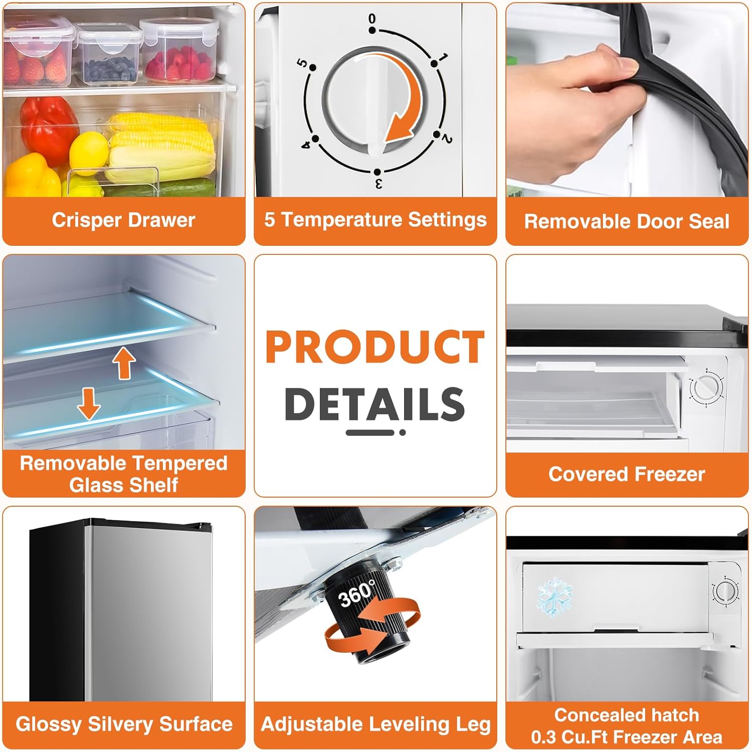 Sweetcrispy 3.2 Cu.Ft Mini Fridge with Freezer Small Refrigerator Single Door Adjustable Thermostat Energy-efficient Low Noise, Compact Fridge for Bedroom, Office, Dorm (Silver Door) - Image 5