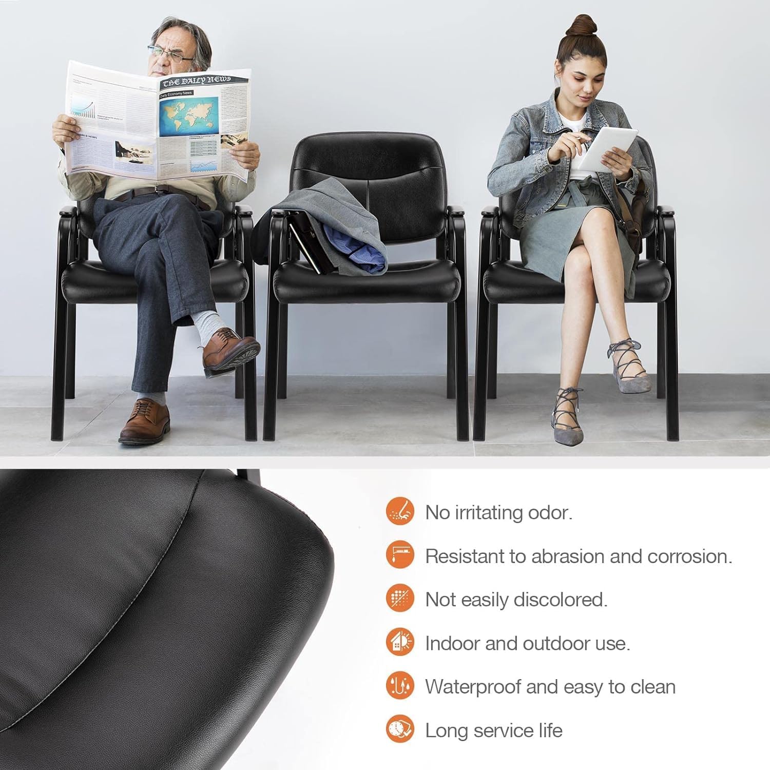 Sweetcrispy Office Reception Guest Waiting Room Chairs Set of 4, Leather Stationary Chair No Wheels with Padded Arms for Elderly Desk Conference Room Lobby, Inky - Image 3