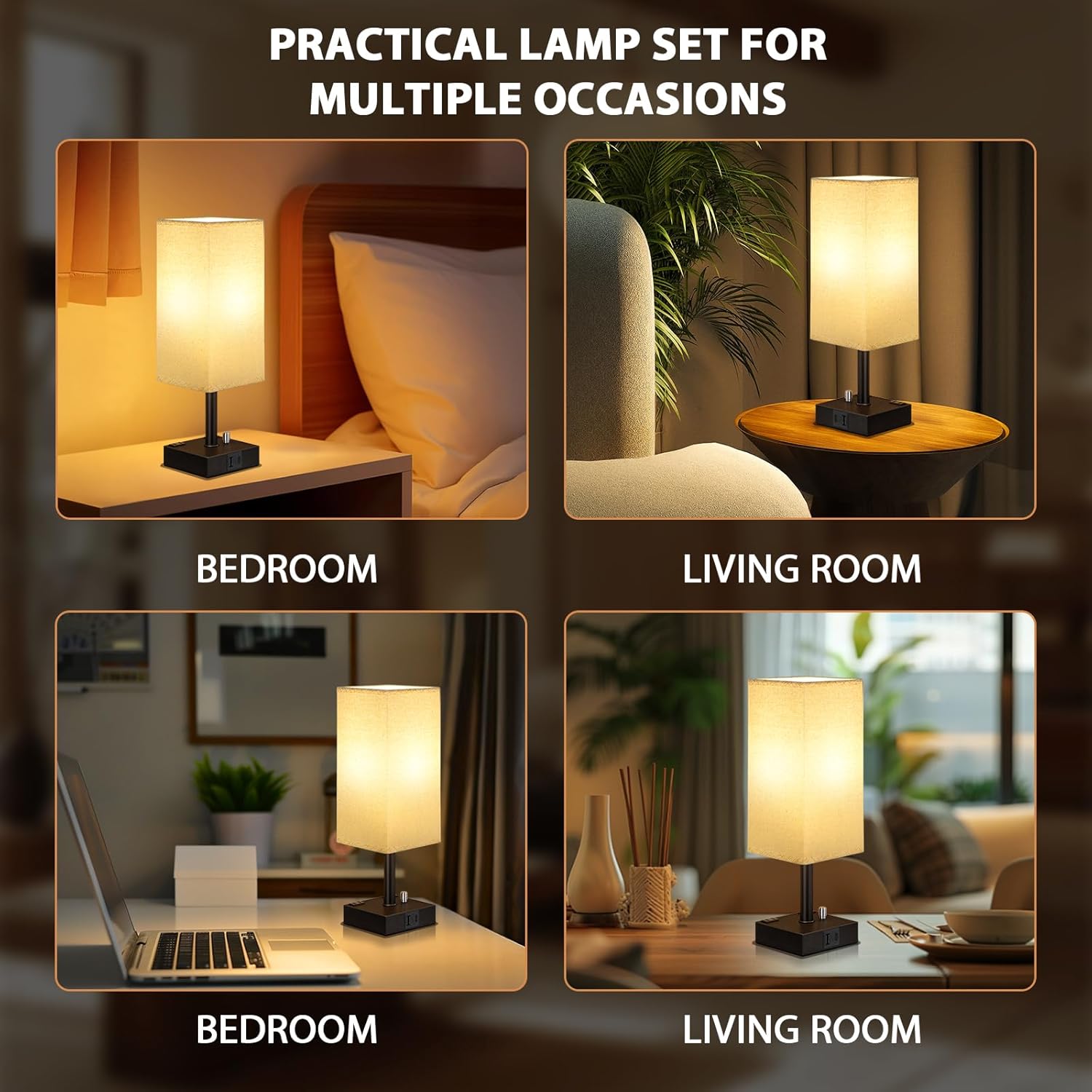 aooshine Fully Dimmable Nightstand Lamps Set of 2 - Table Bedside Lamp with USB C+A Charging Ports & 2 AC Outlets, Square Lamp Sets Linen Fabric Shade for Bedroom Living Room(Bulb Included) - Image 7