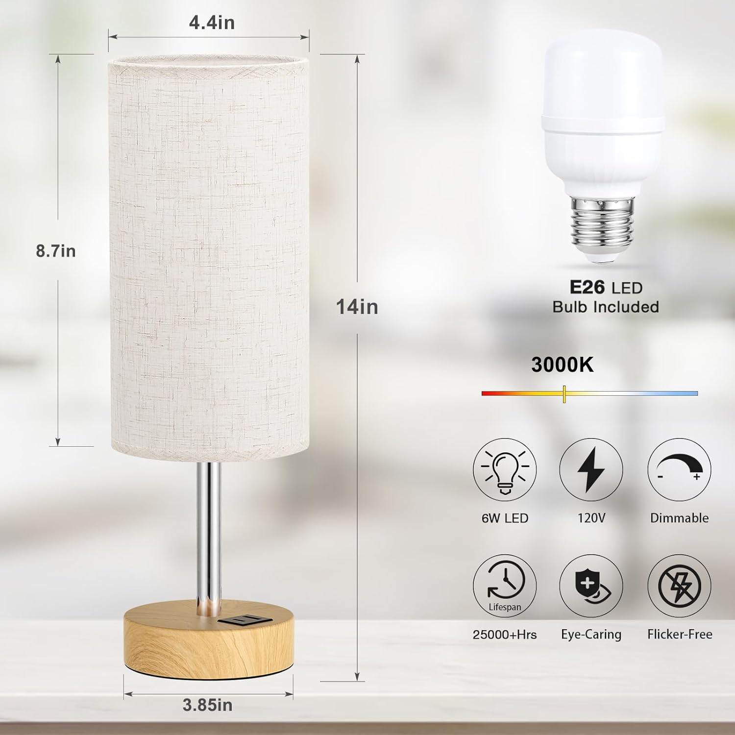 Dicoool Touch Bedside Table Lamp with USB - 3 Way Dimmable Wood Lamp for Bedroom Nightstand, Desk Lamp with Charging Station for Dorm, Living Room, Office, Kids Room, Small, 14in - Image 5