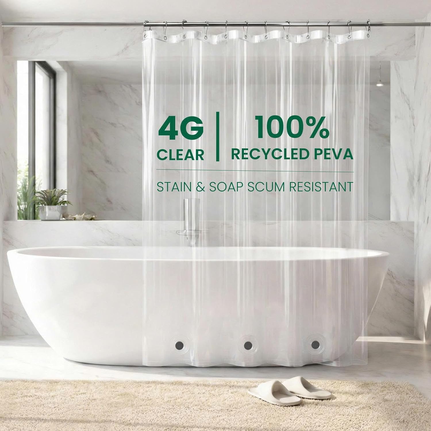 Bowery Home NOT Made in China Eco-Friendly Recycled PEVA Shower Curtain Liner – Waterproof, Sustainable, Non-Toxic Shower Curtain Liner, with Rust-Proof Grommets, 72x72IN, 4G – Clear