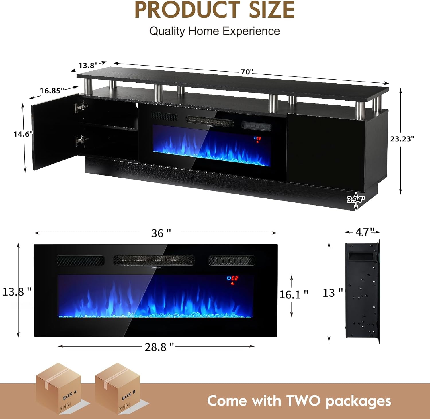 70" TV Stand for Living Room, Modern Entertainment Center & Media Console, Fits TVs up to 80", Storage Cabinet with Shelves, 36" Electric Fireplace with LED Flame (All Black) - Image 2
