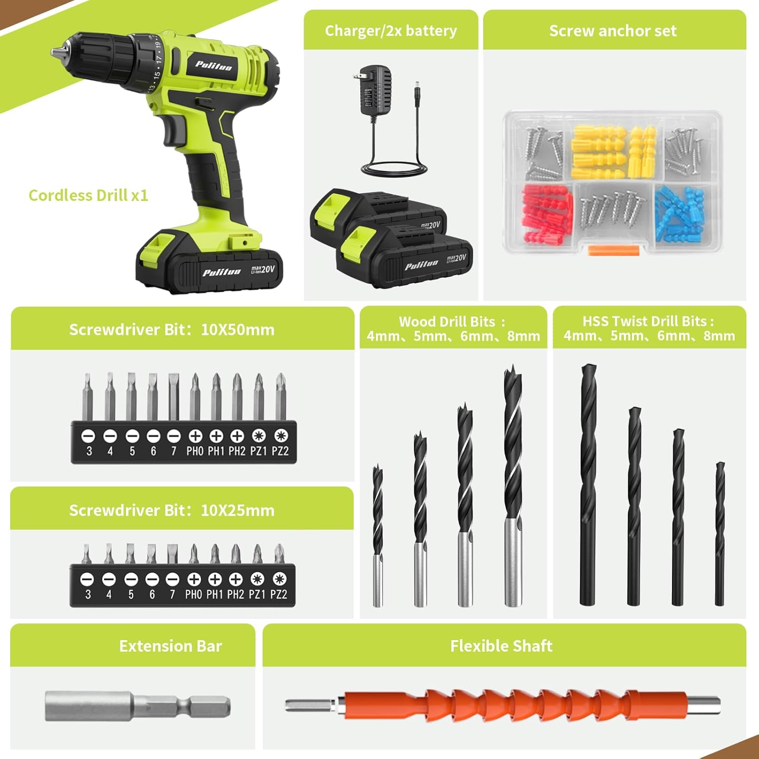 PULITUO'S 20V Cordless Drill/Driver, Electric Screwdriver - 2 Batteries, 30Nm, 21+1 Torque, 2 Speed, Keyless 3/8" Chase Drill with LED Light, Kit for Home (Green) - Image 2