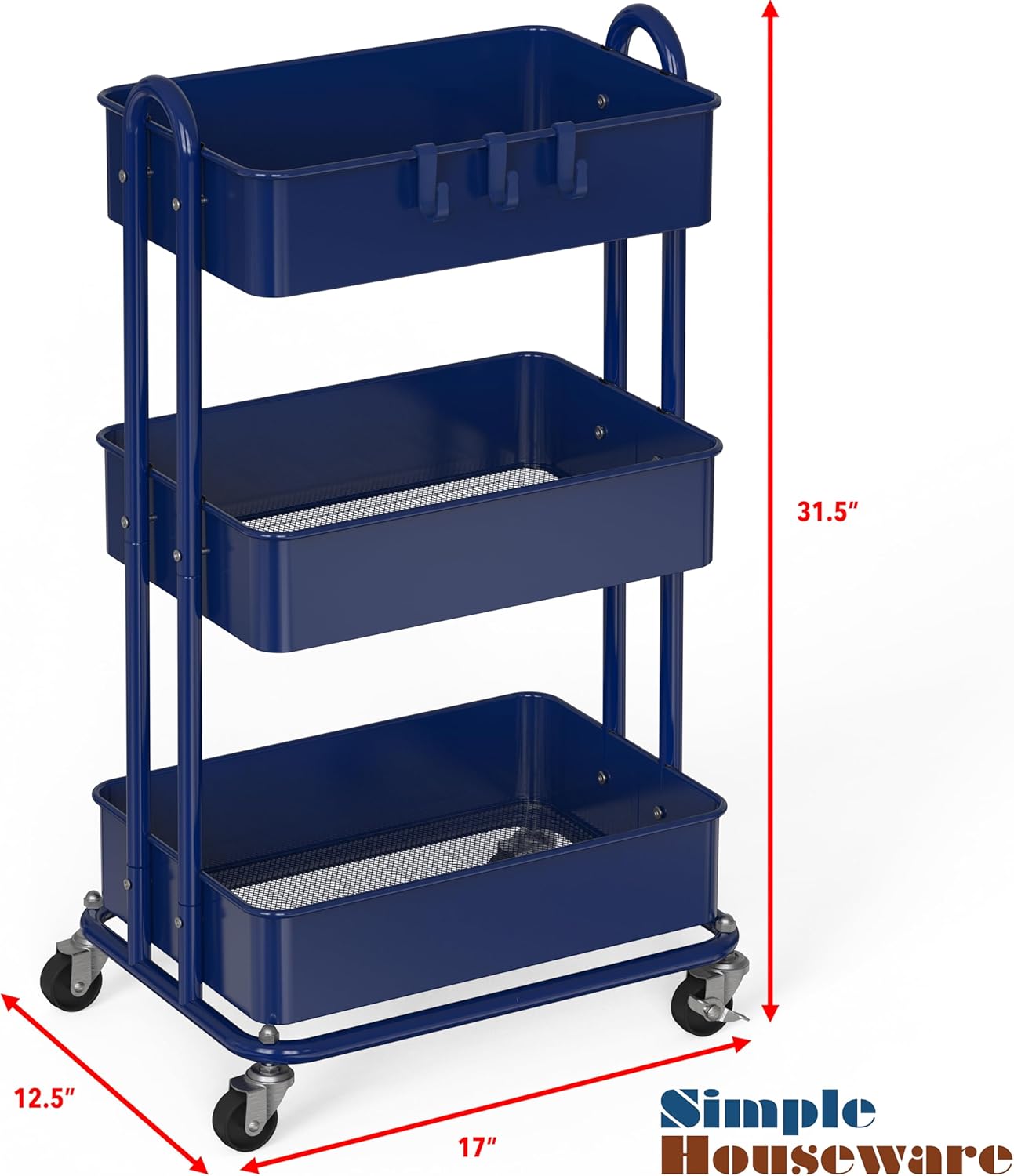 Simple Houseware 3-Tier Heavy Duty Metal Utility Rolling Cart, Navy - Image 2