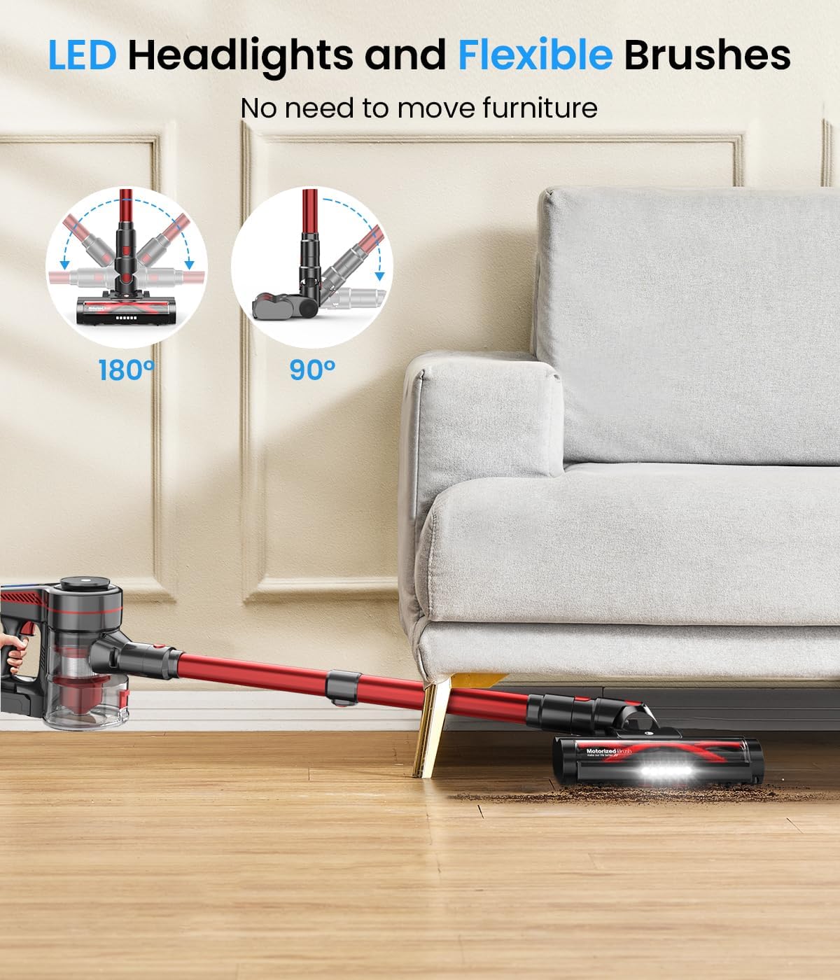 Cordless Vacuum Cleaner, Stick Vacuum with Powerful Suction, 45Mins Runtime Vacuum Cleaners for Home, Anti-tangle and 1.5L Dust Cup, 6 in 1 Lightweight Vacuum for Hardwood Floor Carpet Pet Hair - Image 6
