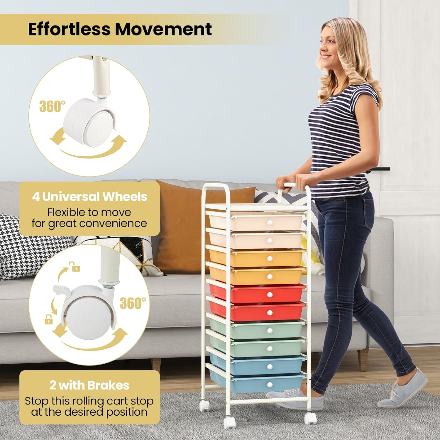 COSTWAY 10-Drawer Rolling Storage Cart, Utility Mobile Trolley with Removable Drawers & Universal Casters & 2 Brakes, Versatile Flexible Drawer Organizer Cart for Home, Office, Macaron - Image 3