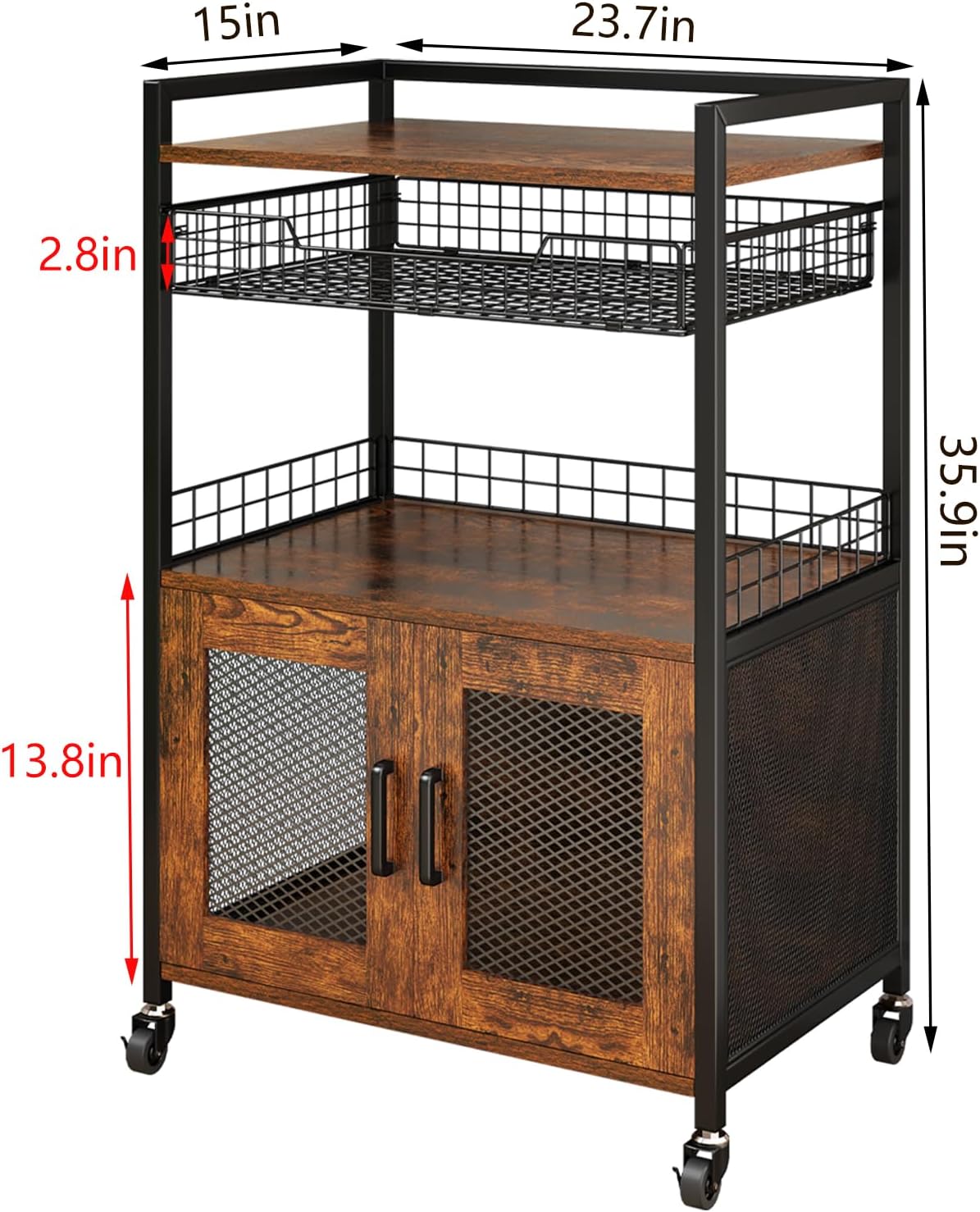 Coffee Bar Cabinet, 3 Tier Coffee Station Table on Wheels, 35.9" H Bar Cart with Wire Basket Drawer & 5 Hooks for Home Kitchen, Liquor Buffet Sideboard Cabinet (Rustic Brown) - Image 5