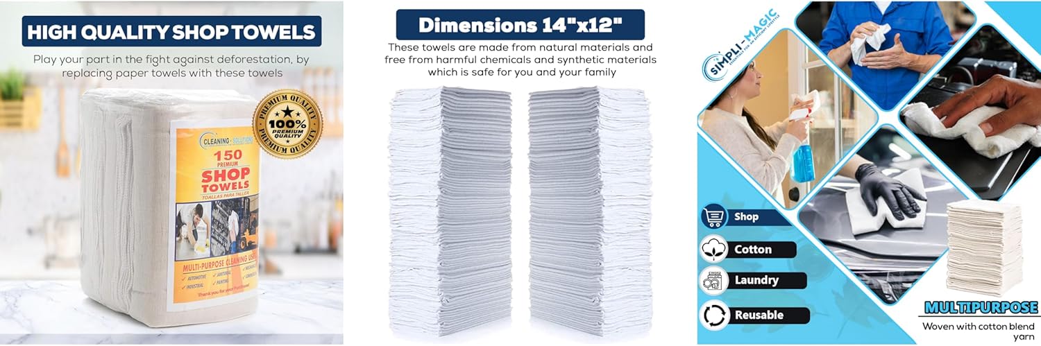 SIMPLI-MAGIC Cotton Shop Towels 14"x12" (145 Pack) – Reusable Cleaning Shop Rags for Automobiles, Industries, Garage and Homes (White) - Image 5