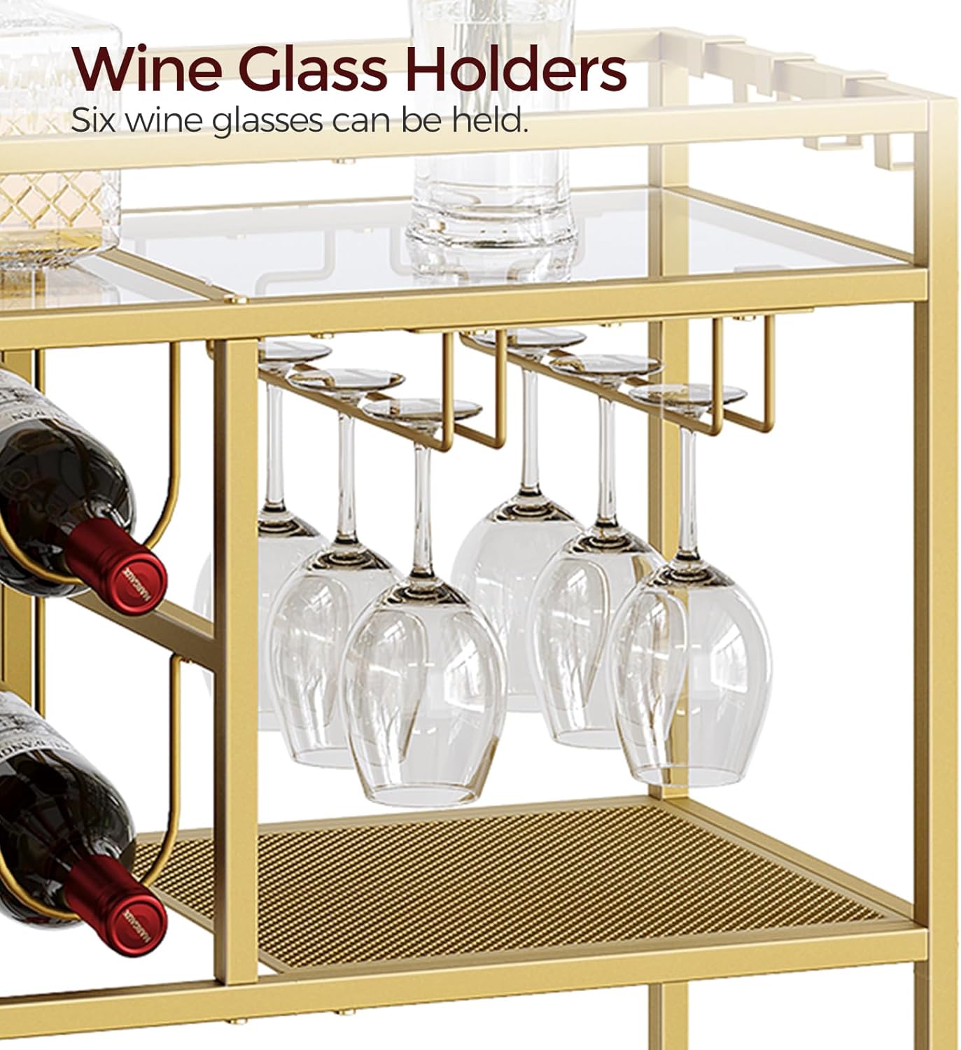 Bar Cart for Home, 3-Tier Serving Cart with Wheels and Handle, Beverage Cart with Wine Rack and Glass Holders, Rolling Wine Cart for Kitchen, Dining Room, Gold RCJ61B01 - Image 6
