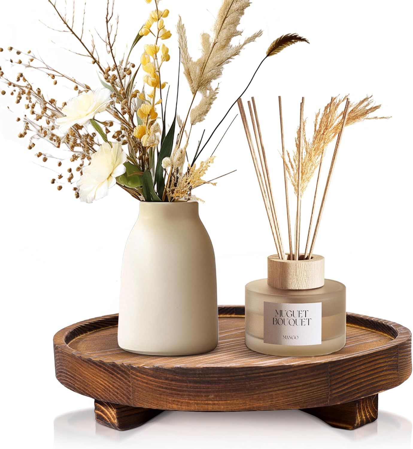 Round Wooden Decorative Tray - Rustic Wood Soap Tray for Kitchen and Bathroom Counter Organizer, Farmhouse Kitchen Decor Wooden Riser for Soap Dish, Perfume, Candle, Potted