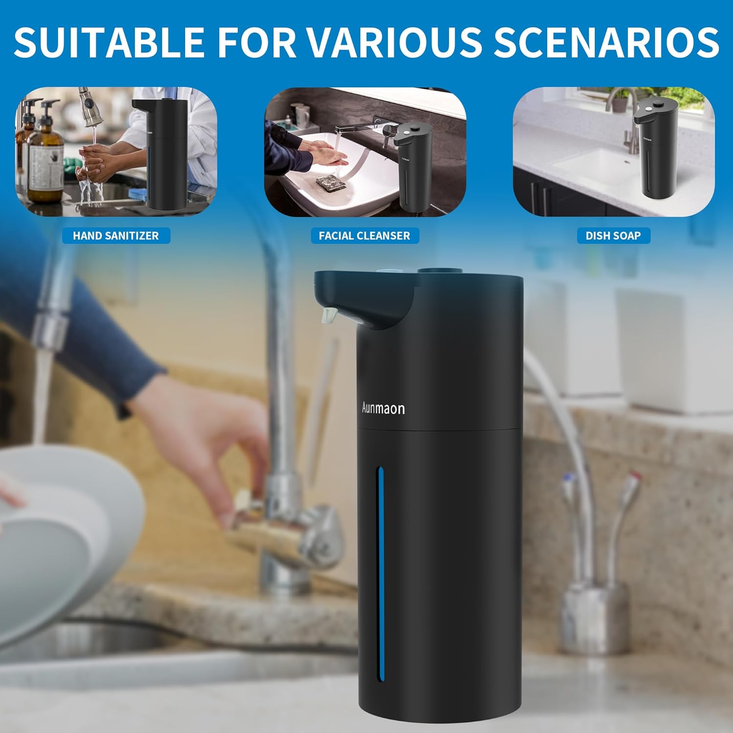 Aunmaon Automatic Soap Dispenser Touchless, Hands-Free, Multi Adjustable Volume, Long Battery Life, Compatible with Thick & Thin Dish/Hand Soap for Bathroom and Kitchen, Easy for Toddlers, Black - Image 7