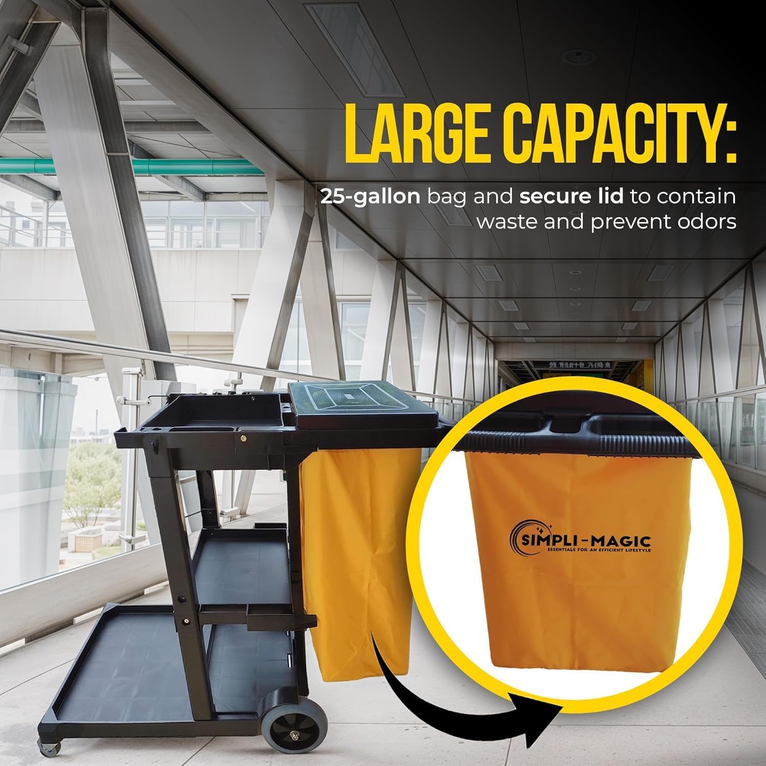 Simpli-Magic Commercial Cleaning Cart with Waste Bag & Lid, Janitorial Utility Cart with 3 Shelves, Mop & Broom Holders, 330 lb Capacity, Yellow/Grey - Image 4