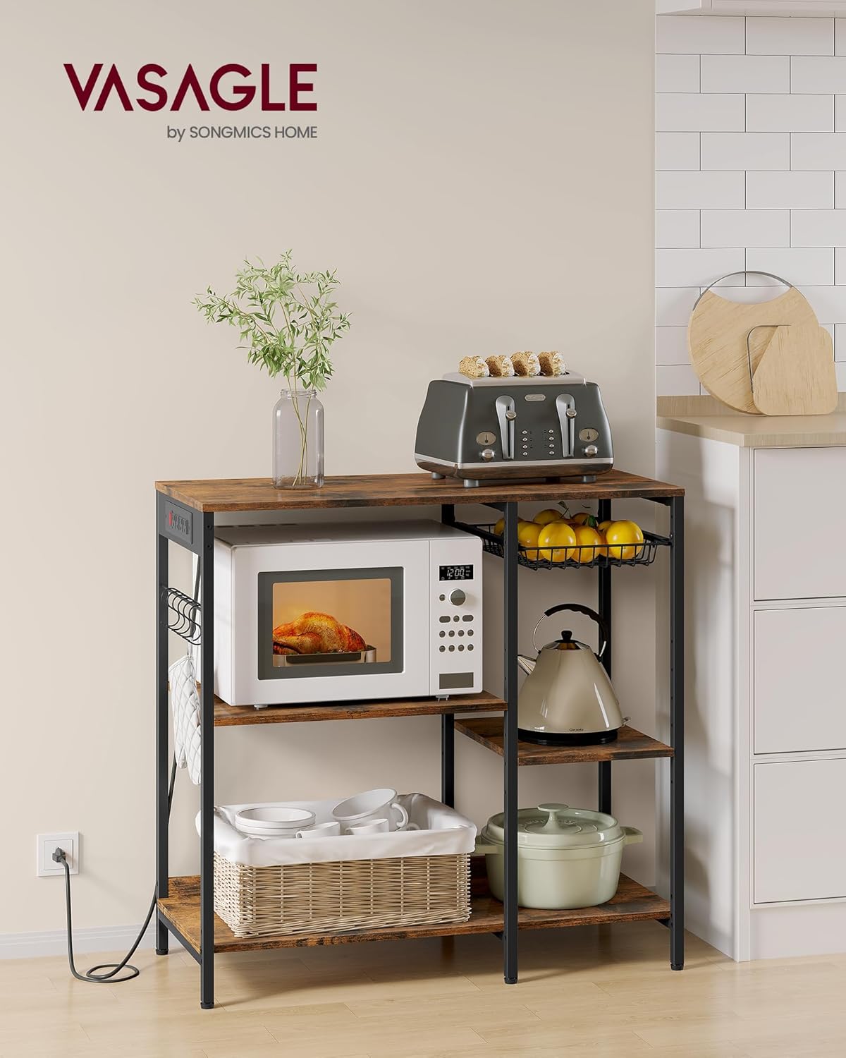 VASAGLE Baker's Rack, Coffee Bar Stand with Charging Station, 35.6 Inches Tall, Storage Shelves, Pull-Out Wire Basket, Table for Microwave, Kitchen, Rustic Brown and Ink Black UKKS036K01 - Image 2
