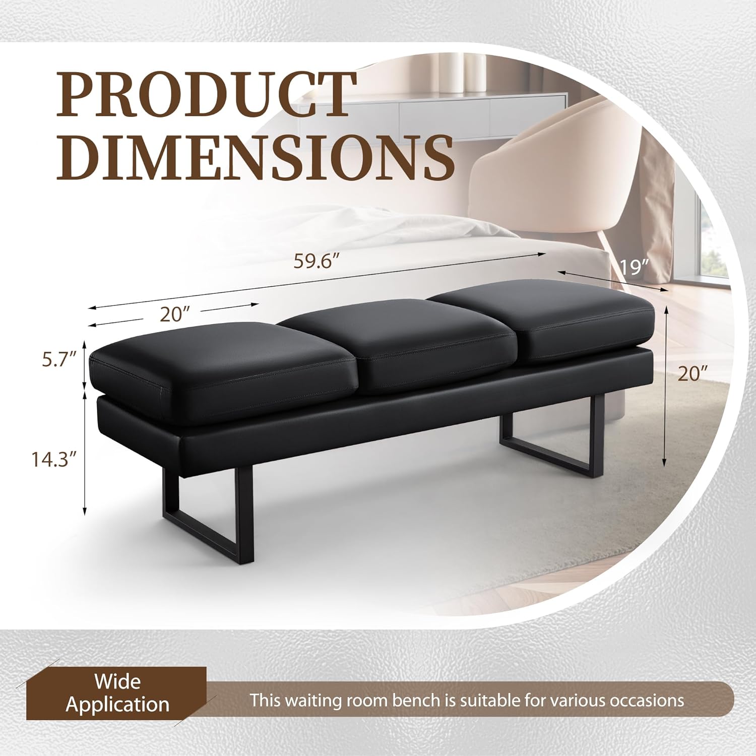 Furniwell Waiting Room Bench with 3 Seats,Faux Leather Reception Bench Upholstered Office Guest Chair Seating,Waiting Room Chair for Salon,Conference Room and Shop (Black) - Image 3