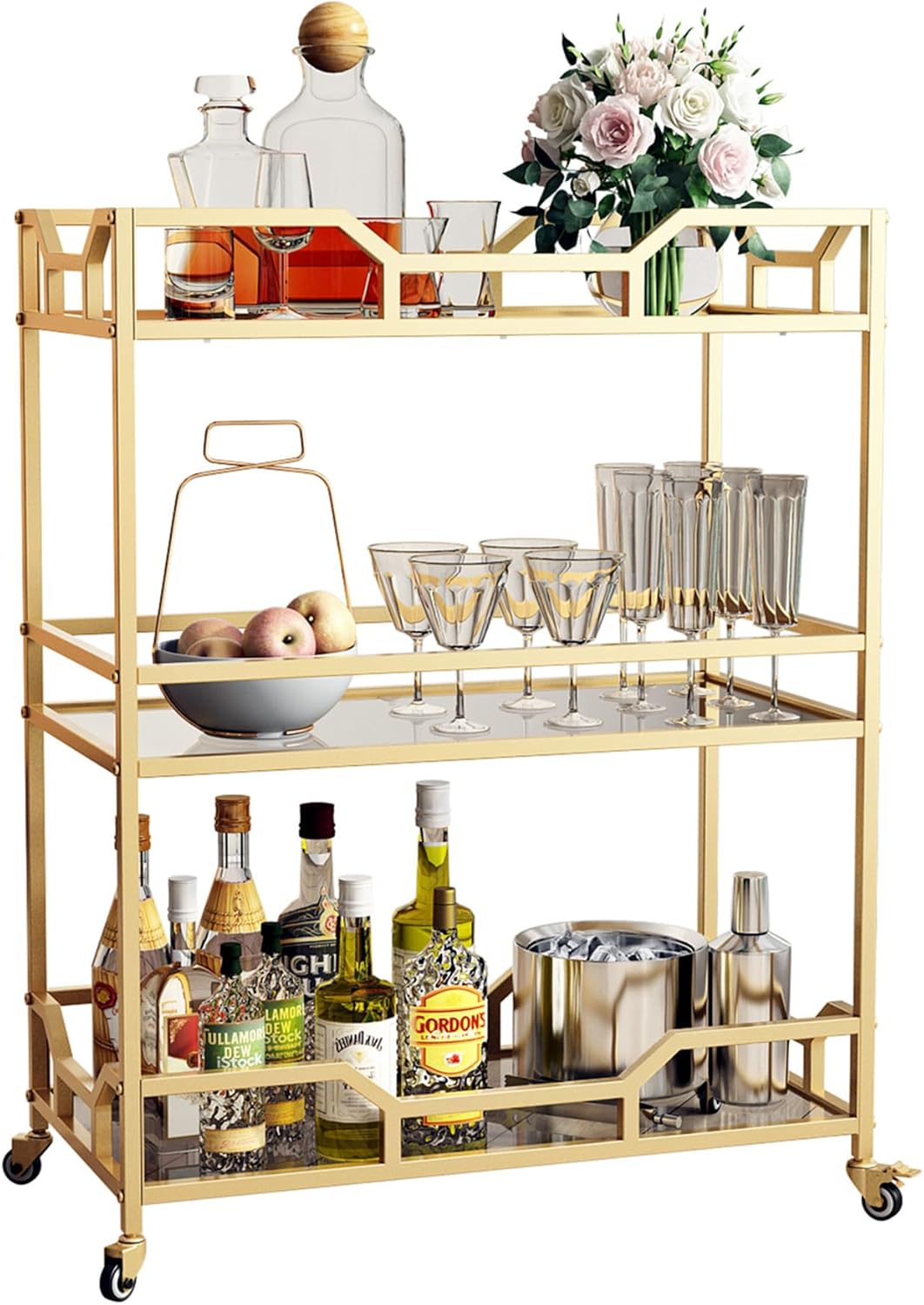 Square Gold Bar Carts with 3 Tier Storage Glass Shelves Holder Home Serving Bar Carts on Wheels for Kitchen, Bar, Dinning Room - Image 6