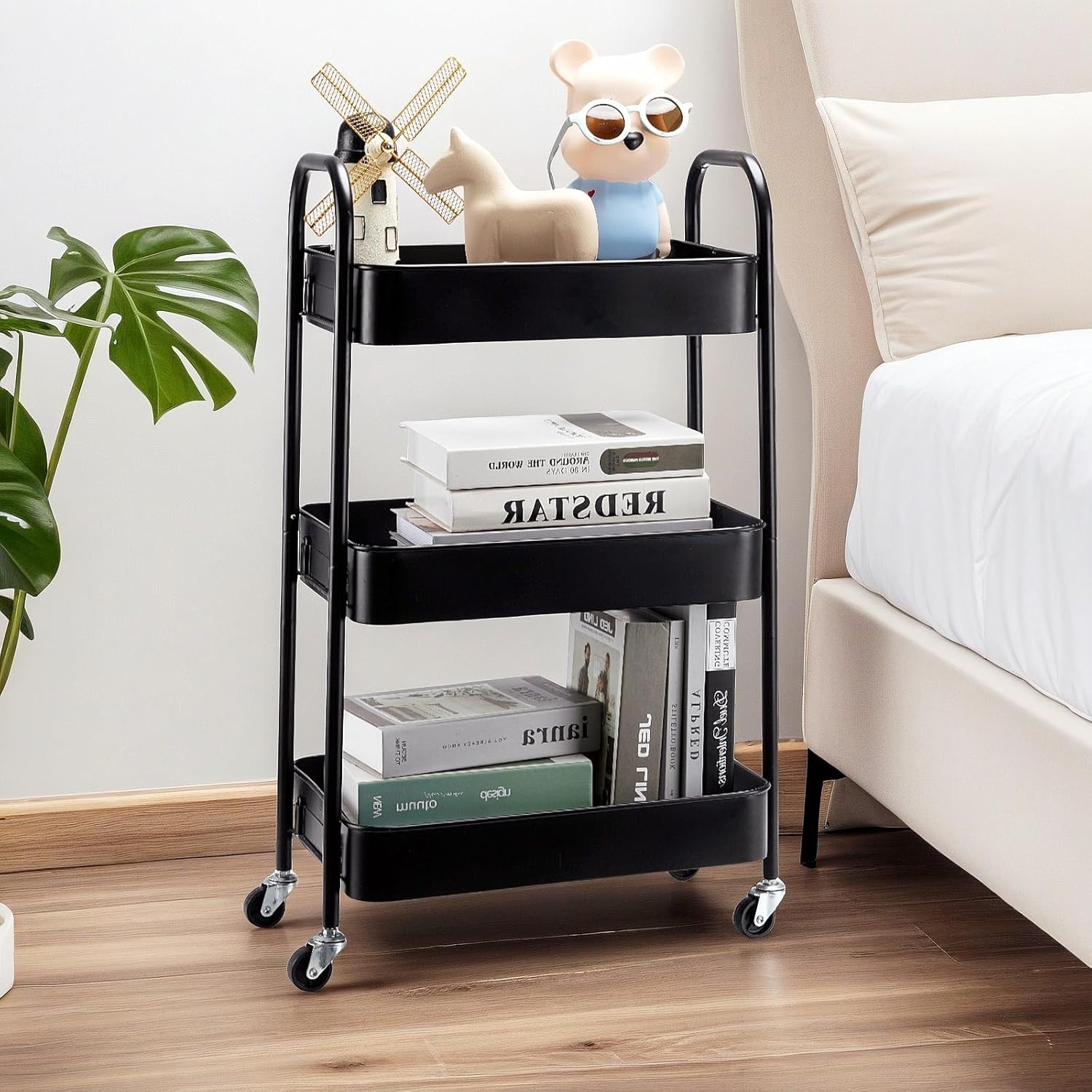 SETTFRFE 3 Tier Metal Utility Cart with Wheels,Rolling Storage Cart for Office,Dorm,Kitchen,Black - Image 3