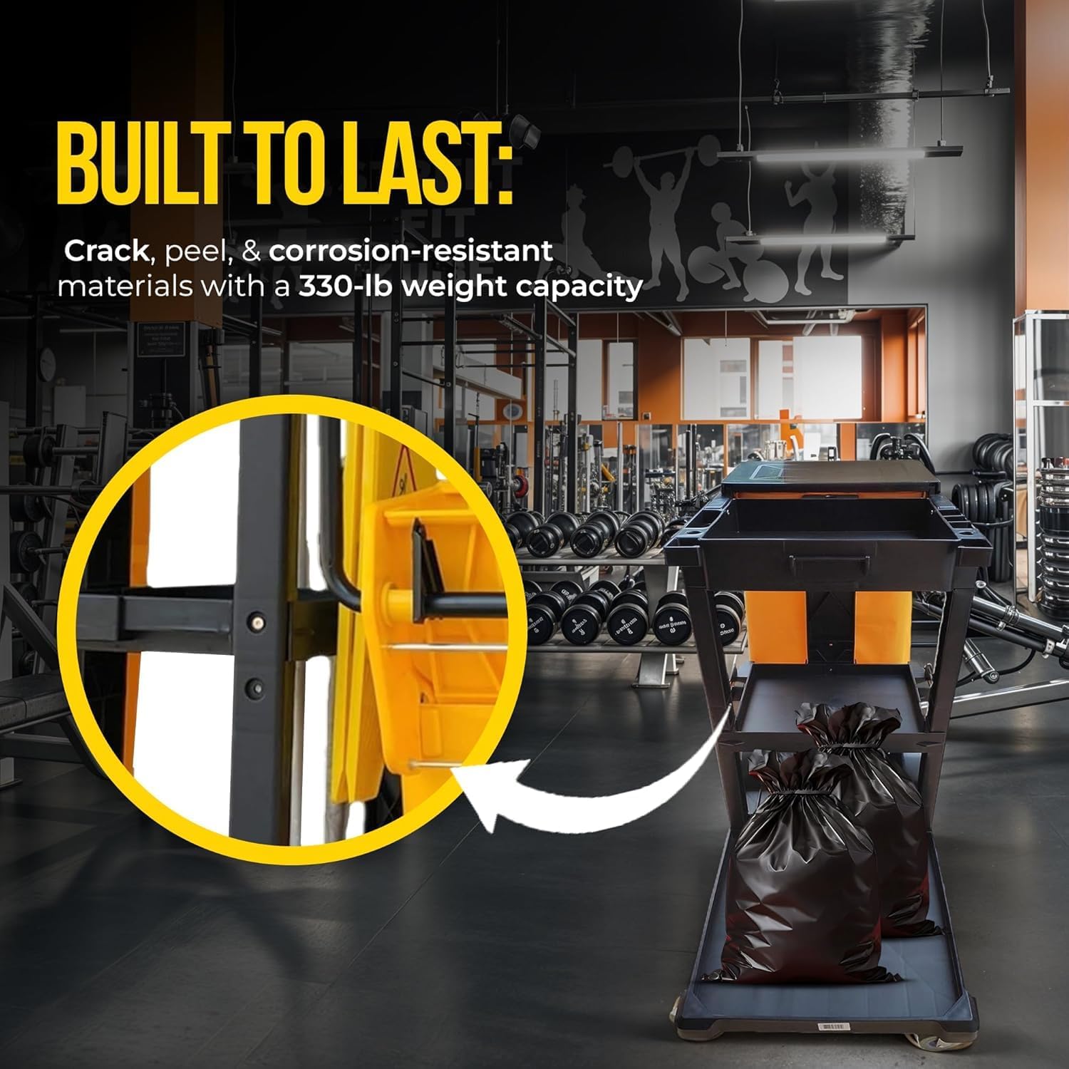 Simpli-Magic Commercial Cleaning Cart with Waste Bag & Lid, Janitorial Utility Cart with 3 Shelves, Mop & Broom Holders, 330 lb Capacity, Yellow/Grey - Image 3