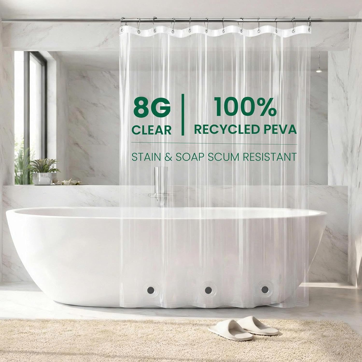 Bowery Home NOT Made in China Eco-Friendly Recycled PEVA Shower Curtain Liner – Waterproof, Sustainable, Non-Toxic Shower Curtain Liner, with Rust-Proof Grommets, 72x72IN, 8G – Clear