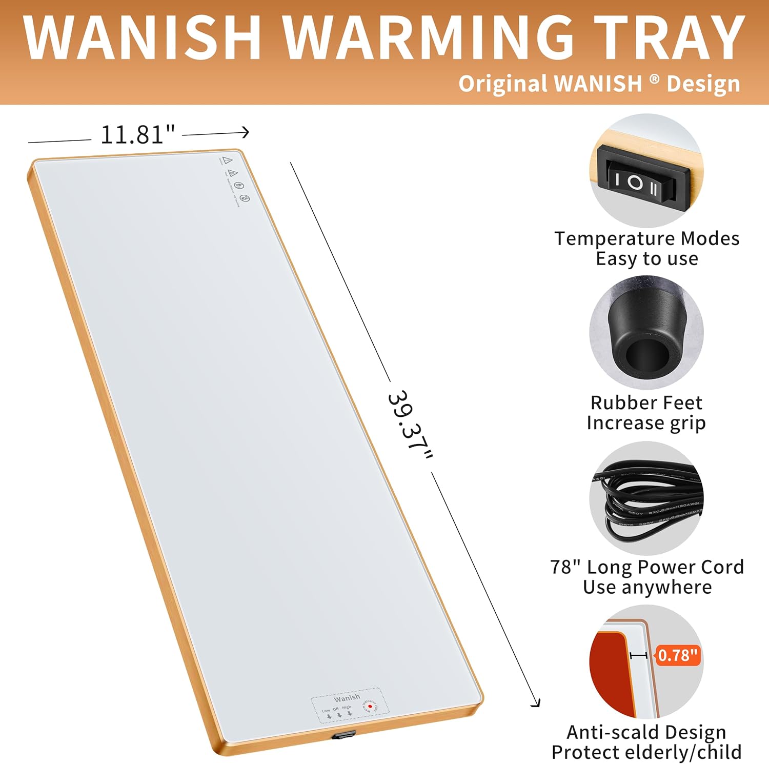 Electric Warming Tray (Extra Long 40"x12"),Food Warmers for Parties Buffet with Thermostat & Full Surface Heating, Tempered Glass Warming Mat for Food, Temperature Adjustable Food Warming Mat, White - Image 2
