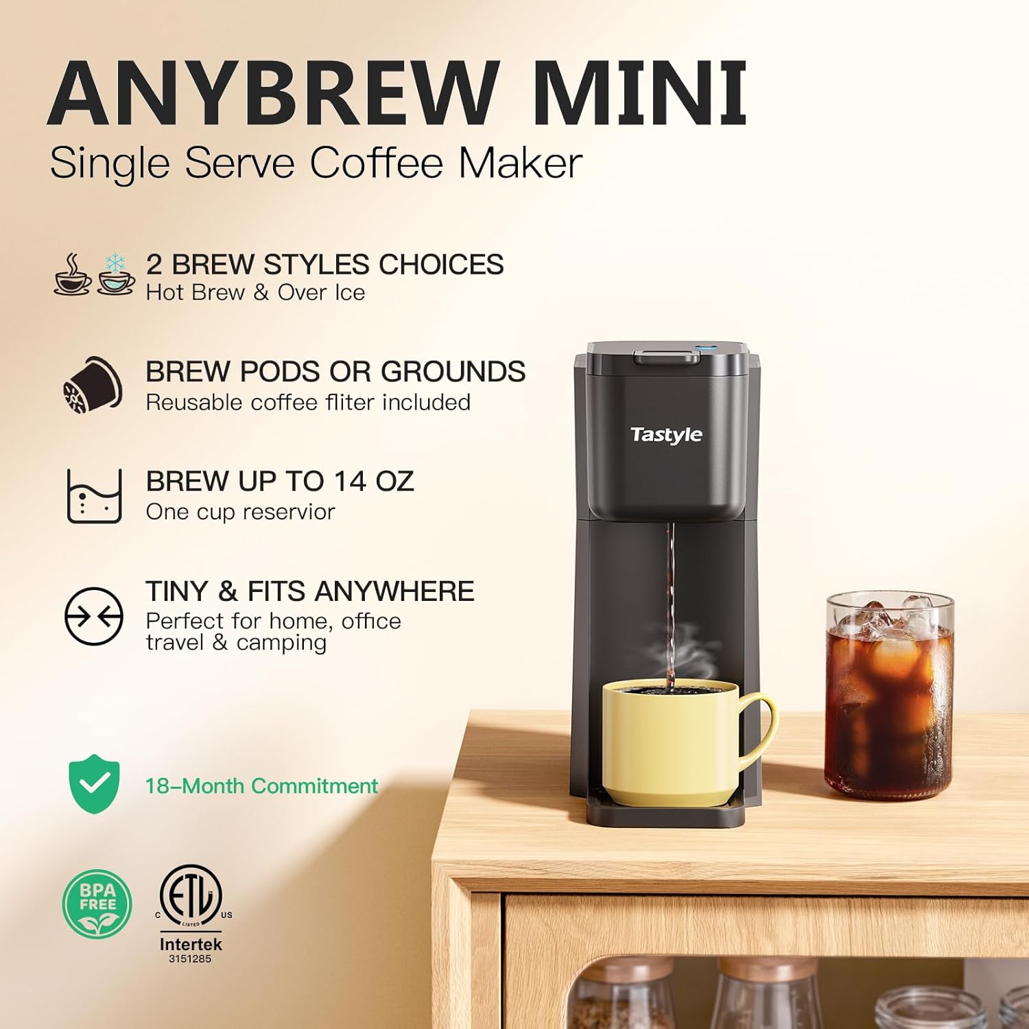 Mini Hot and Iced Coffee Maker Single Serve, for K Cup and Ground, 6 to 14 Oz Brew Sizes, with Recipe Book, for Home, Travel, RV, Office and Dorm, Classic Black (2.0 Version) - Image 2