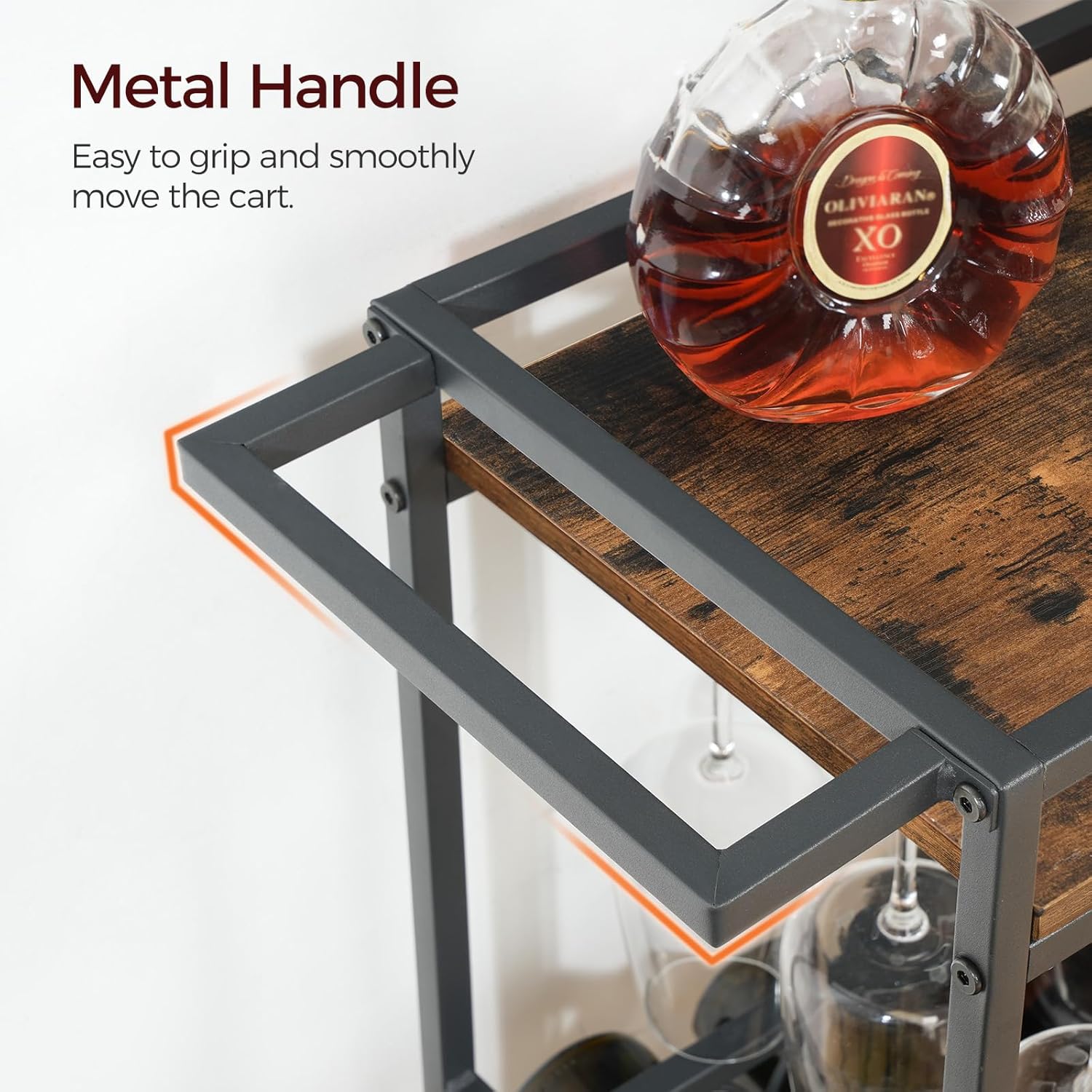 Bar Cart for Home, 3-Tier Serving Cart with Wine Rack, Rolling Wine Cart with Glass Holders, Beverage Cart, for Living Room, Dining Room, Rustic Brown and Black RCHR11801 - Image 4