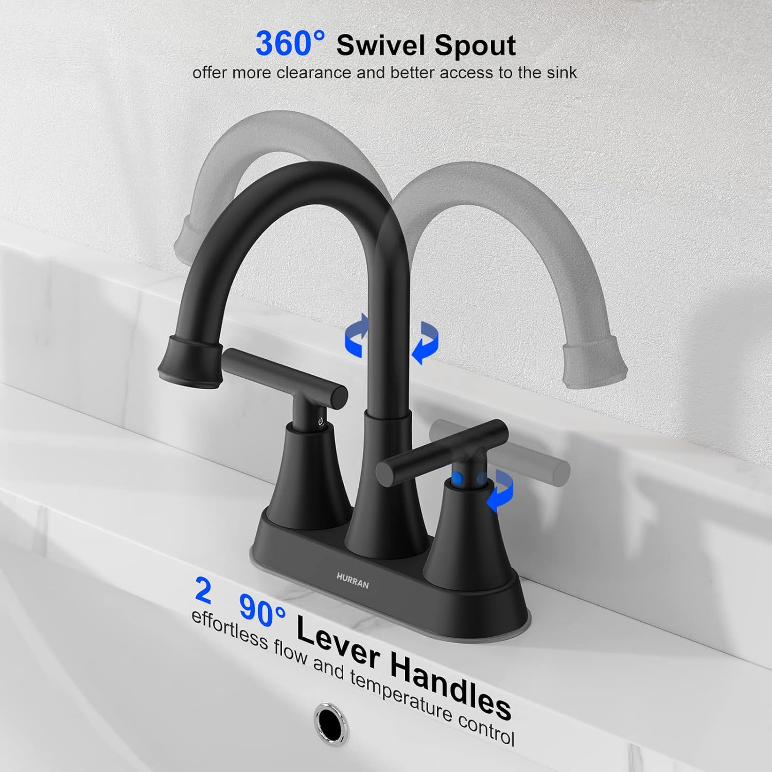Bathroom Faucets for Sink 3 Hole, Hurran 4 inch Matte Black with Pop-up Drain and 2 Supply Hoses, Stainless Steel Lead-Free 2-Handle Centerset Faucet for Sink Vanity - Image 3