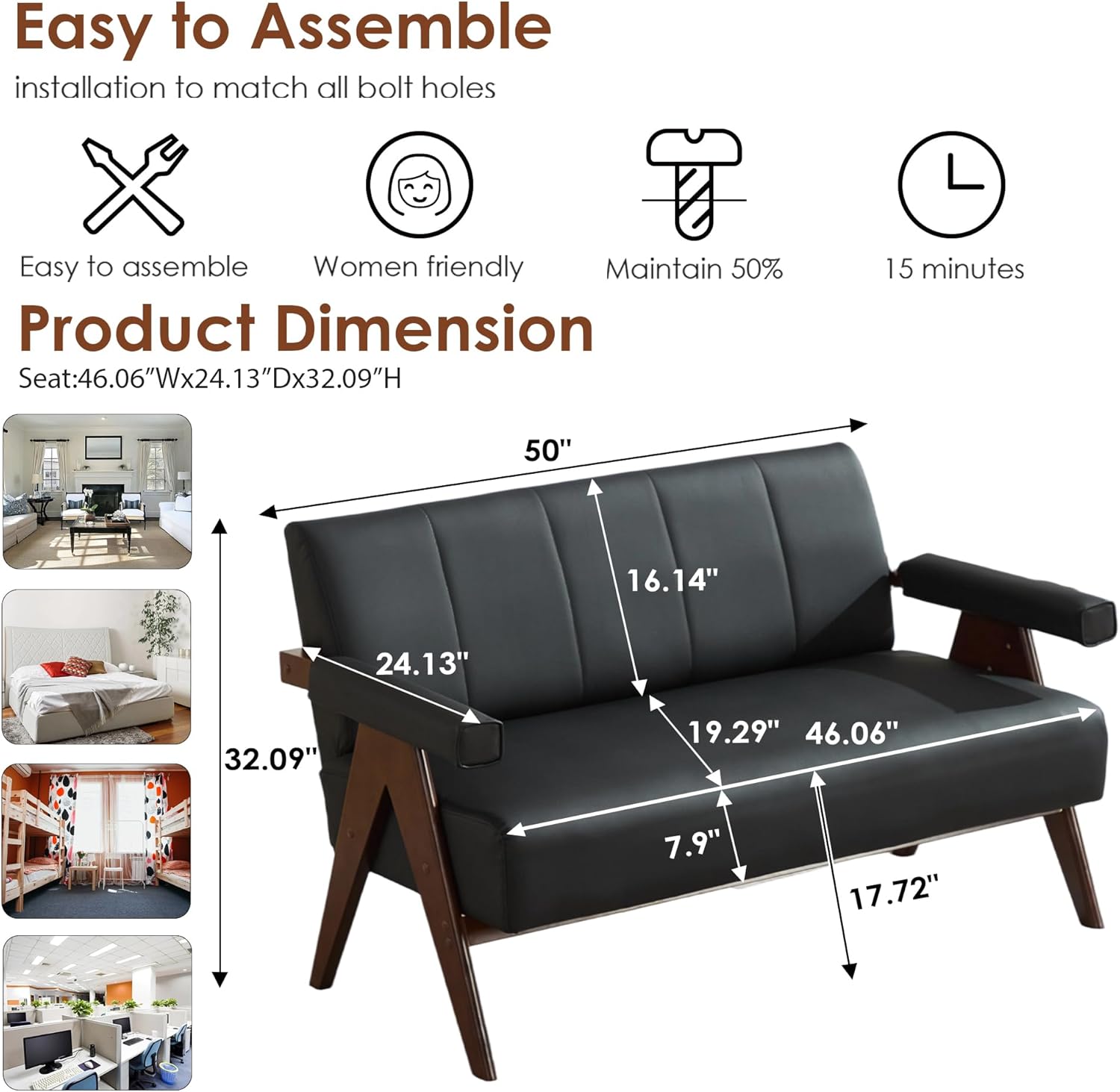 STHOUYN 50" Black Leather Sofa, Small Comfy Office Loveseat Couch with Back, Mid Century Modern Wooden Love Seat Bench Waiting Room Furniture Couches for Living Room, Bedroom - Image 2