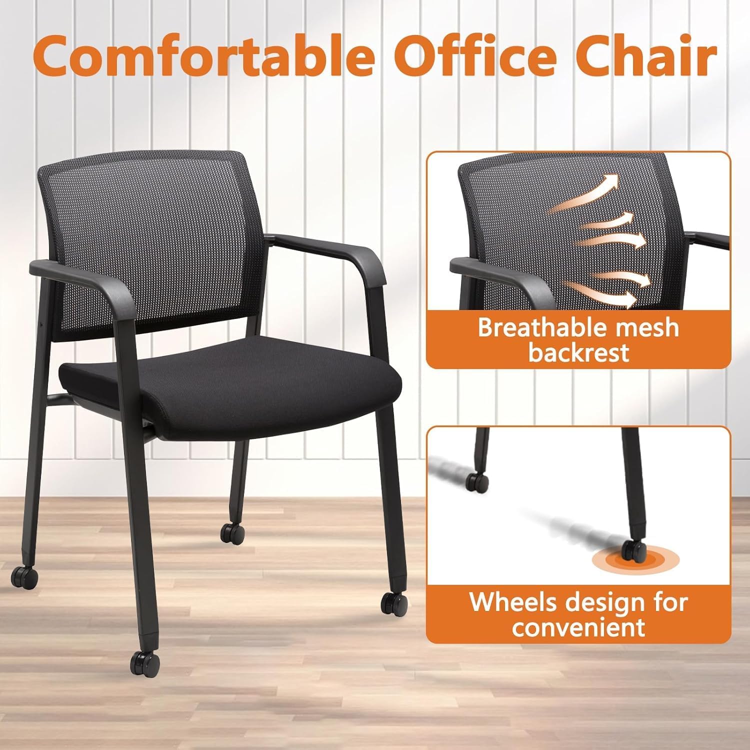 CLATINA Mesh Back Guest Reception Arm Chairs with Wheels, Waiting Room Chairs with Upholstered Fabric Seat and Ergonomic Lumbar Support for Office, 8PK - Image 6