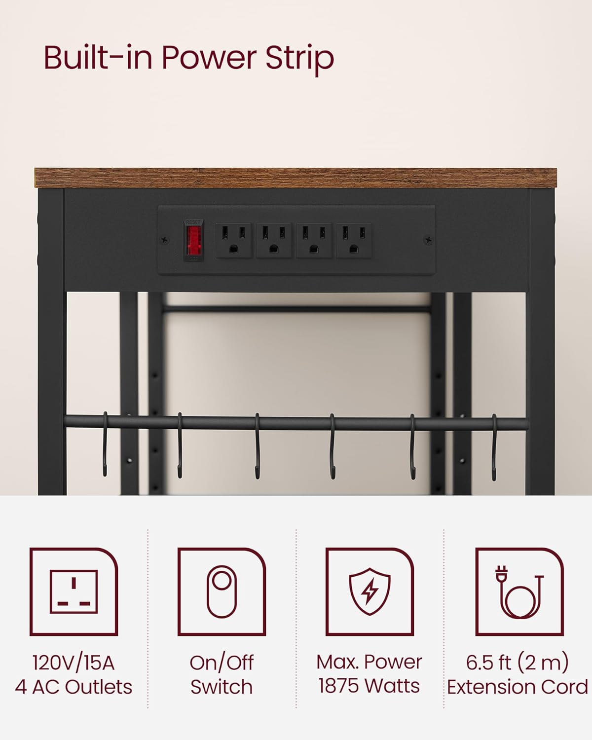 VASAGLE Baker's Rack, Coffee Bar Stand with Charging Station, 35.6 Inches Tall, Storage Shelves, Pull-Out Wire Basket, Table for Microwave, Kitchen, Rustic Brown and Ink Black UKKS036K01 - Image 7