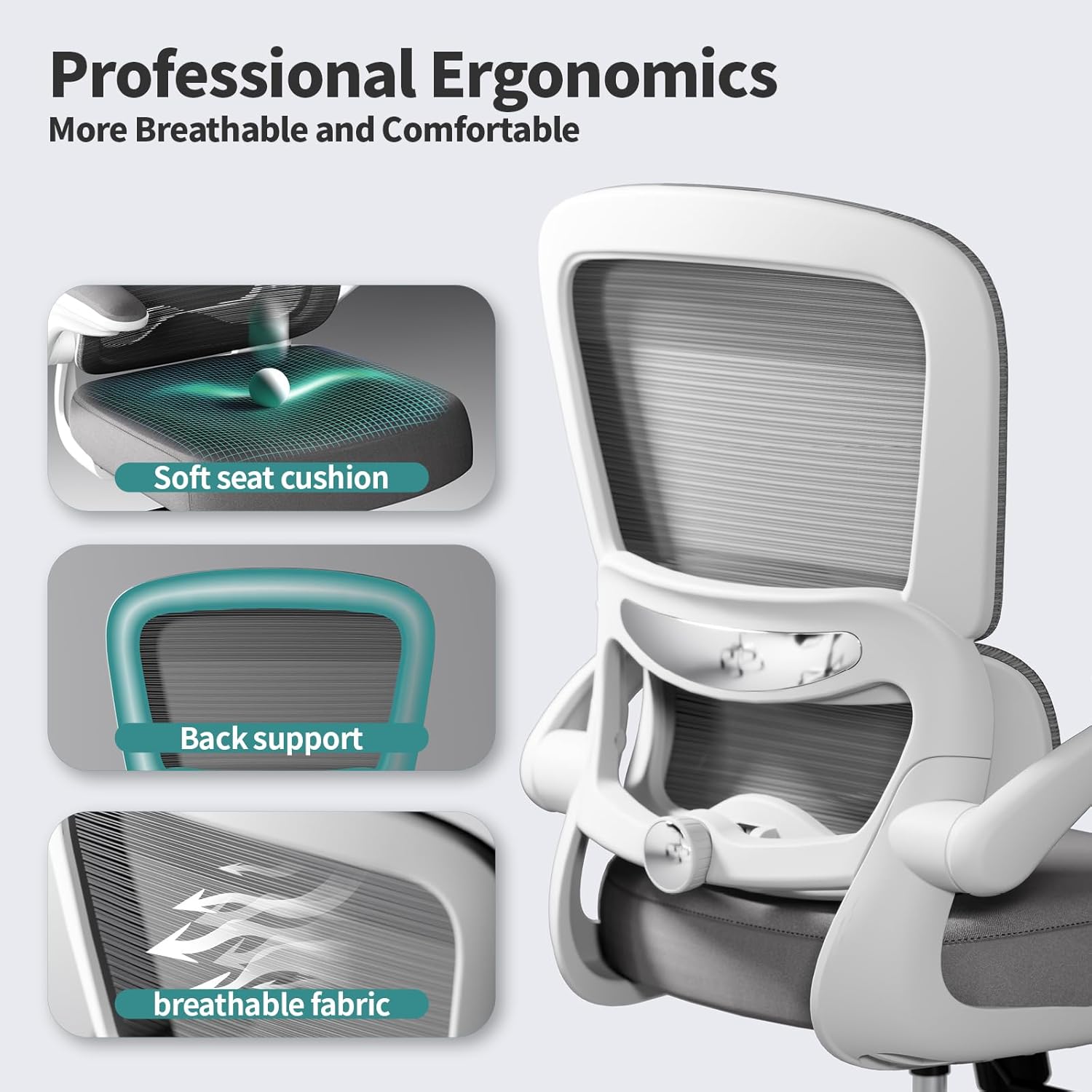 TRALT Office Chair - Ergonomic Desk Chair with Adjustable Lumbar Support, Mesh Computer Chair, Executive Chairs for Home Office Comfortable Lumbar Support (White) - Image 4