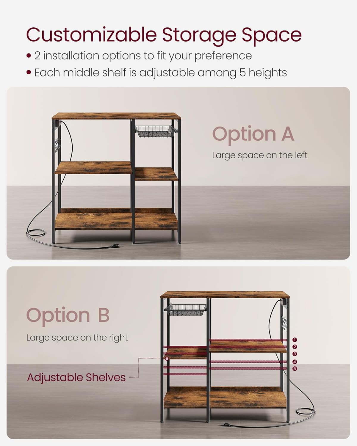 VASAGLE Baker's Rack, Coffee Bar Stand with Charging Station, 35.6 Inches Tall, Storage Shelves, Pull-Out Wire Basket, Table for Microwave, Kitchen, Rustic Brown and Ink Black UKKS036K01 - Image 6