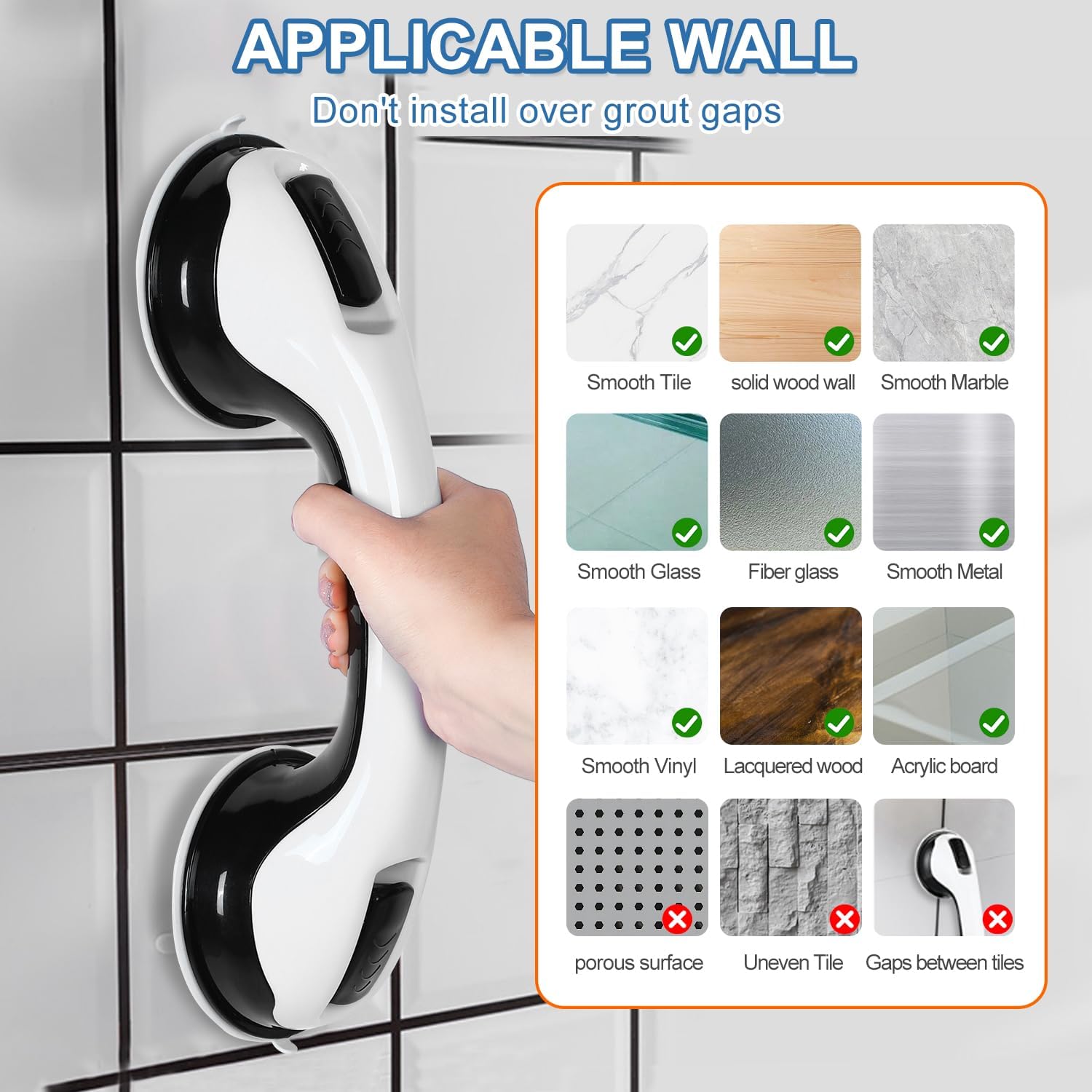 Grab Bars for Bathtubs and Showers, 2 Pack Shower Handle 12 Inch Strong Suction Shower Bar, Safety Bars for Shower Chair, Bathroom Grab Bar for Senior Black White - Image 4