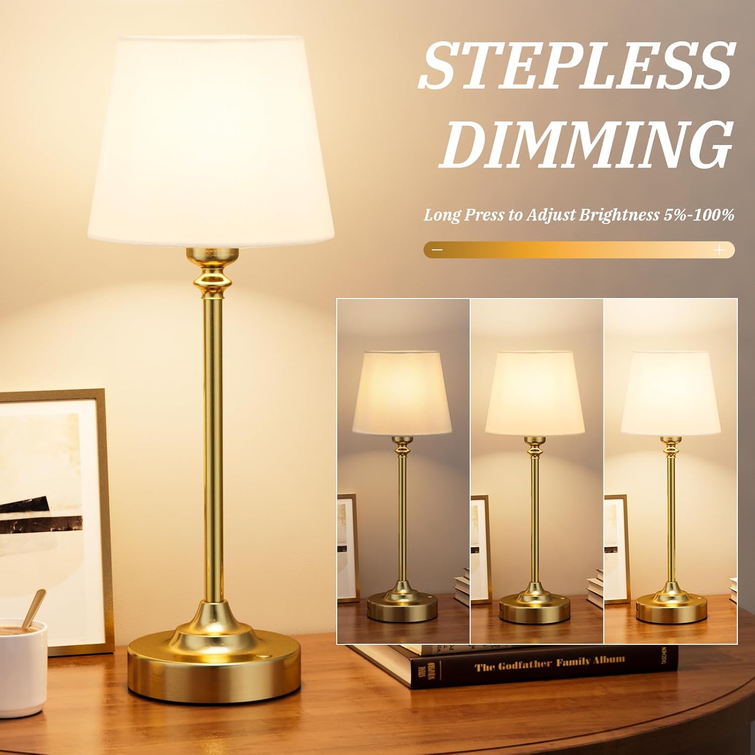Cordless Table Lamp Rechargeable Gold - 1 Pack Brass 4000mAH Battery Operated Lamp for Decor, 3000K Stepless Dimming Touch Control Wireless Lamp for Bedroom, Dining Table, Counter, Living Room - Image 2