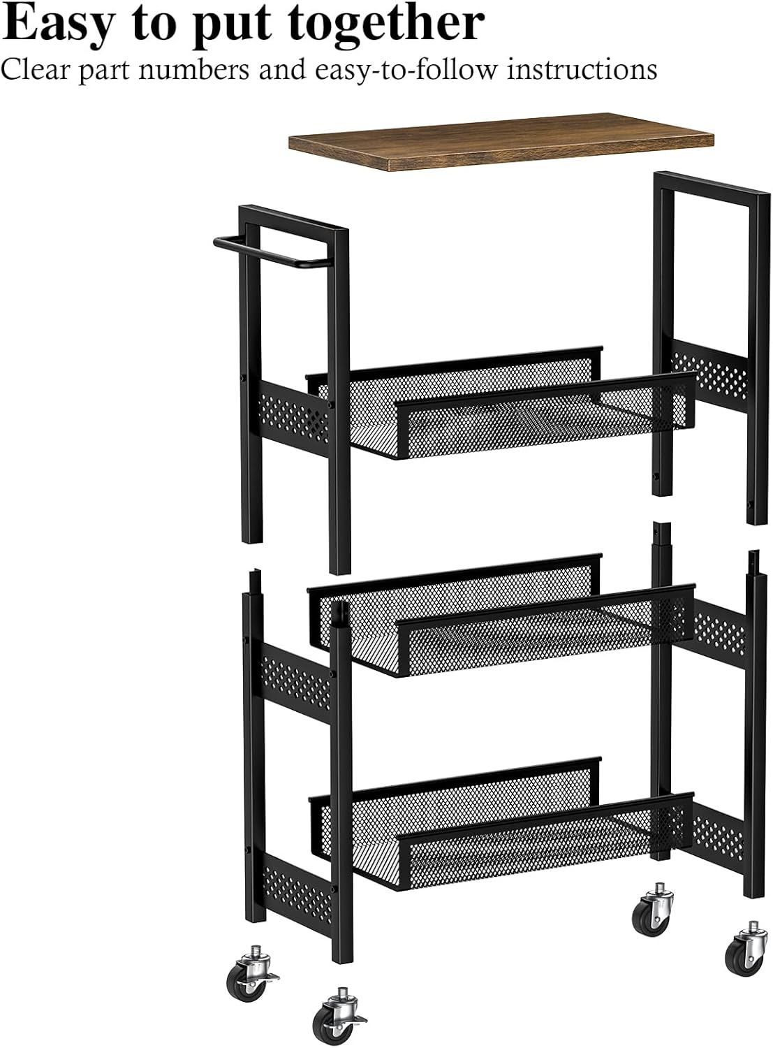 Utility Slim Storage Cart, 4-Tier Narrow Bathroom Organizer and Storage Cart, Metal Narrow Kitchen Laundry Room Organization Rack with Wood Top, Slim Rolling Shelf with Wheels for Small Space - Image 8