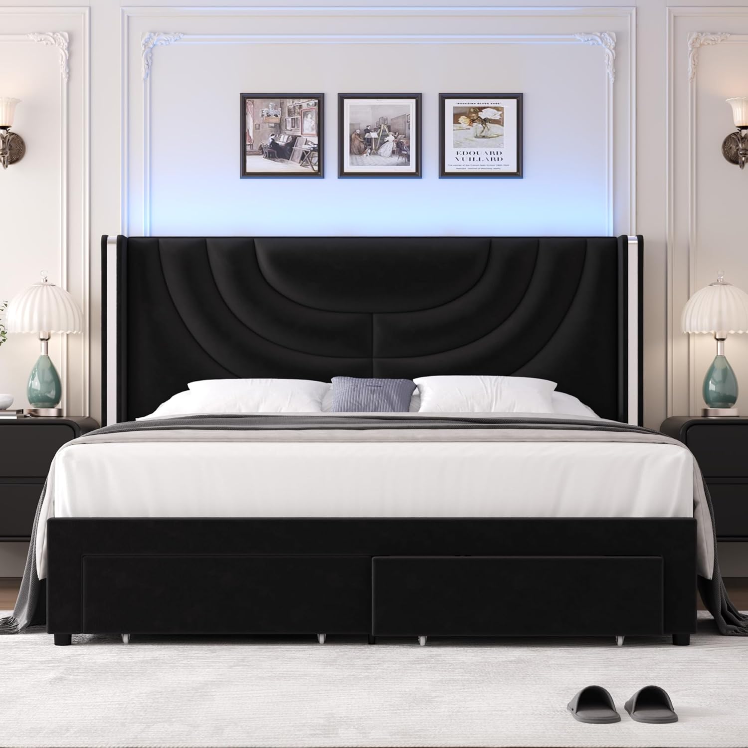 HITHOS Queen Upholstered LED Bed Frame with 2 Storage Drawers, Velvet Platform Bed with Wingback Headboard, Solid Wooden Slats Support, No Box Spring Needed, Headboard Splicing Design, Black - Image 4