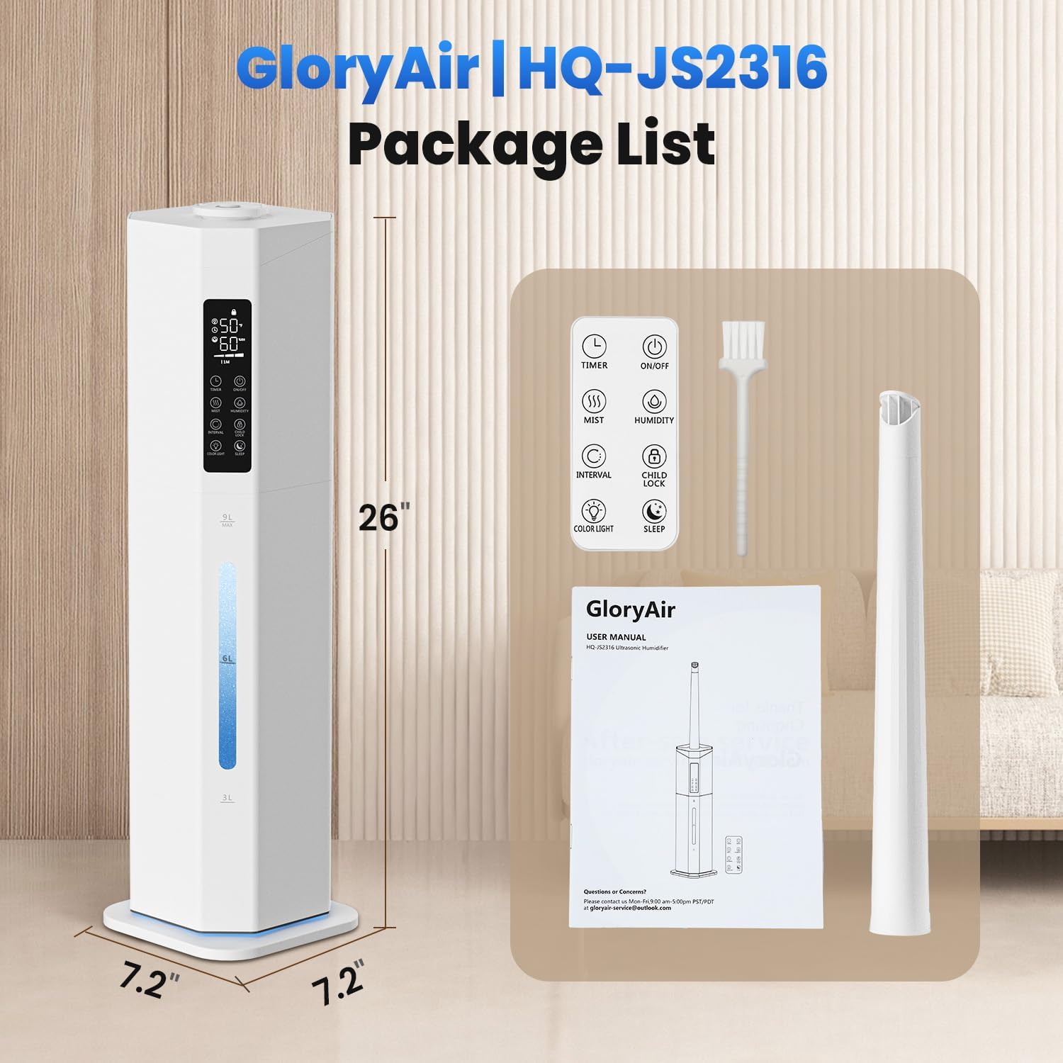 Humidifiers for Bedroom - GloryAir 2.38Gal/9L Top Fill Cool Mist Humidifier for Large Room 500ft² 120H Last with Auto Mode 7-Color Light Humidistat Aroma Box Quiet Humidifiers for Plants Baby & Adults - Image 9