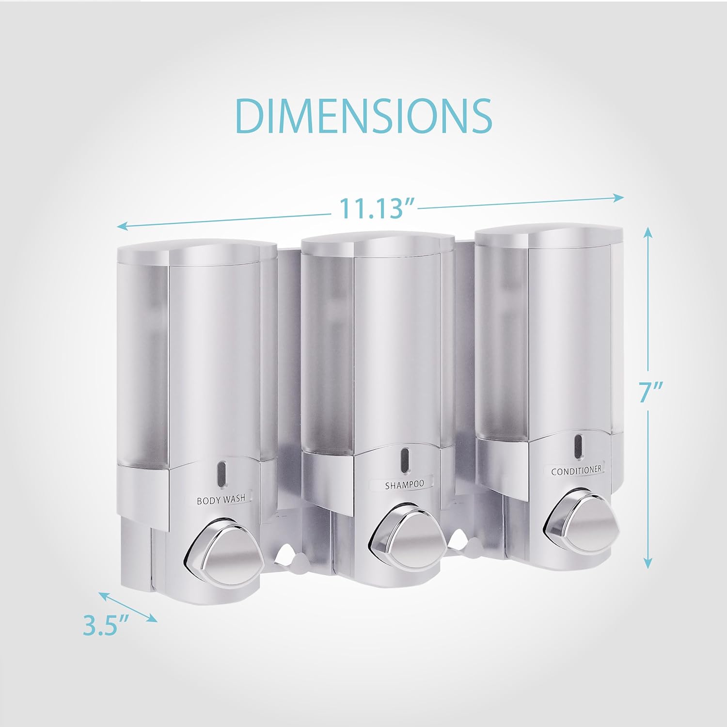 Better Living Aviva Shower Dispenser 3 Chamber, Wall Mount Shower Soap Dispenser for Bathroom Hotel Body Wash, Built-in Hooks, No Drill, Waterproof Shampoo Soap Dispenser, 3 x 11 oz, Satin Silver - Image 3