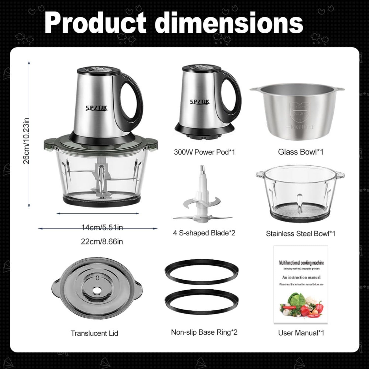 3-Speed Electric Food Processor: Meat Grinder, Vegetable Chopper & Baby Food Maker - 300W, 2 Bowls (8 Cup Stainless Steel+8 Cup Glass), Quiet Operation - Image 2