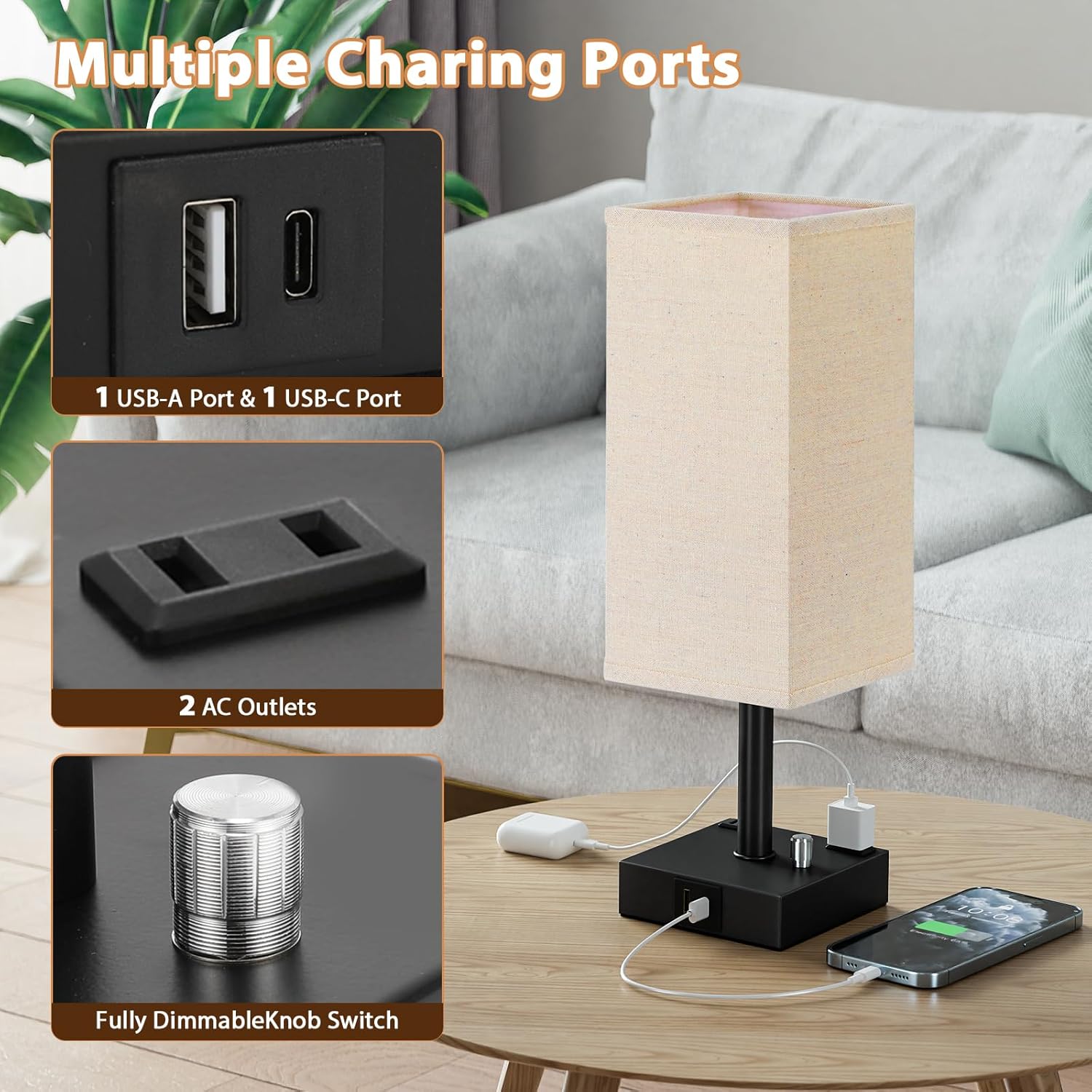 aooshine Fully Dimmable Nightstand Lamps Set of 2 - Table Bedside Lamp with USB C+A Charging Ports & 2 AC Outlets, Square Lamp Sets Linen Fabric Shade for Bedroom Living Room(Bulb Included) - Image 3