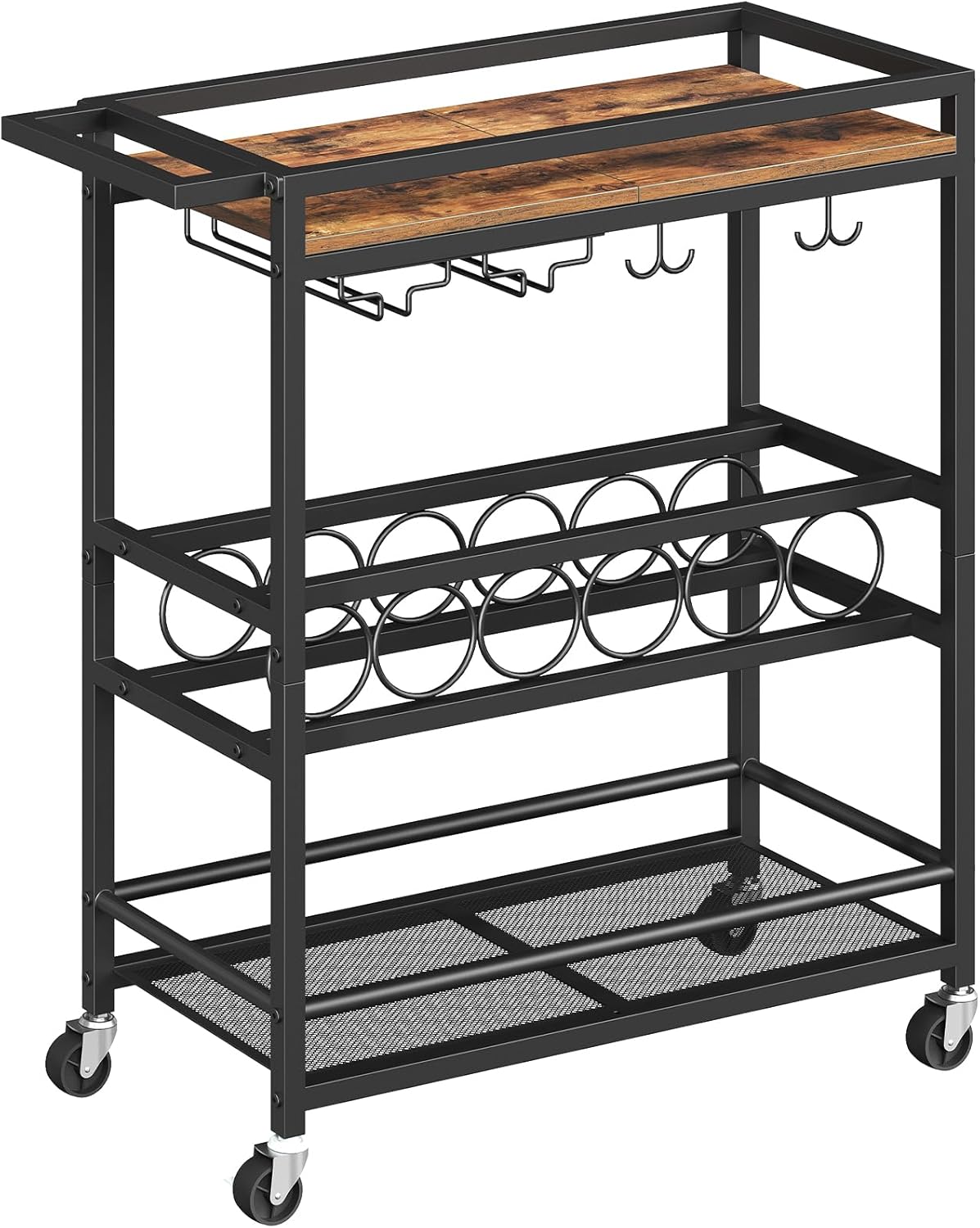 Bar Cart for Home, 3-Tier Serving Cart with Wine Rack, Rolling Wine Cart with Glass Holders, Beverage Cart, for Living Room, Dining Room, Rustic Brown and Black RCHR11801 - Image 9